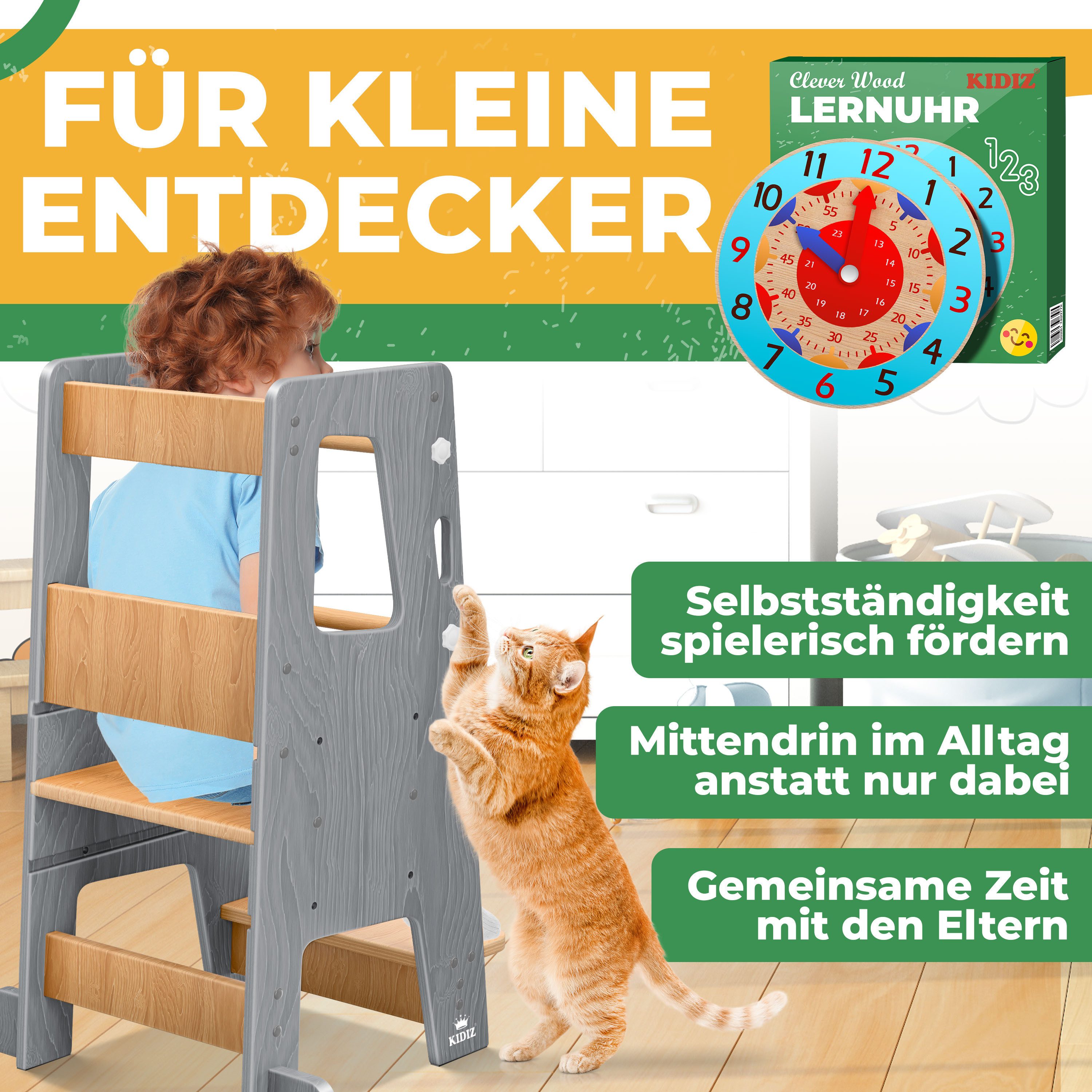 KIDIZ Stehhilfe (Tritthocker inklusive Lernuhr & abnehmbarer Anti-Kipp-Schutz), 3-stufig Höhenverstellbar, spielerisch motorische Fähigkeiten fördern