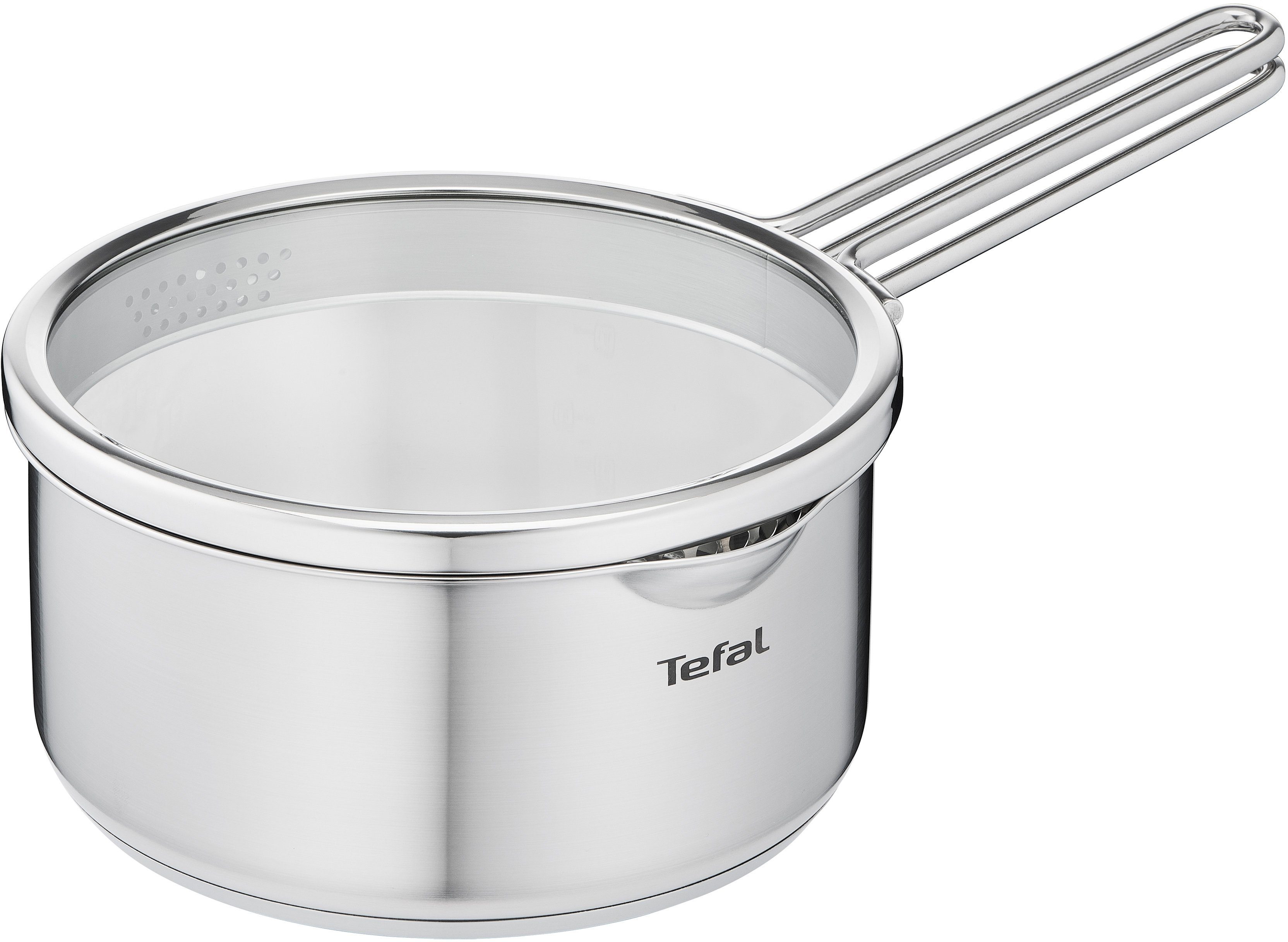 Tefal Kasserolle Nordica, kleiner Topf Induktion 16 cm, Edelstahl (1-tlg), Siebdeckel zum sicheren und mühelosen Abgießen, Doppelgriff