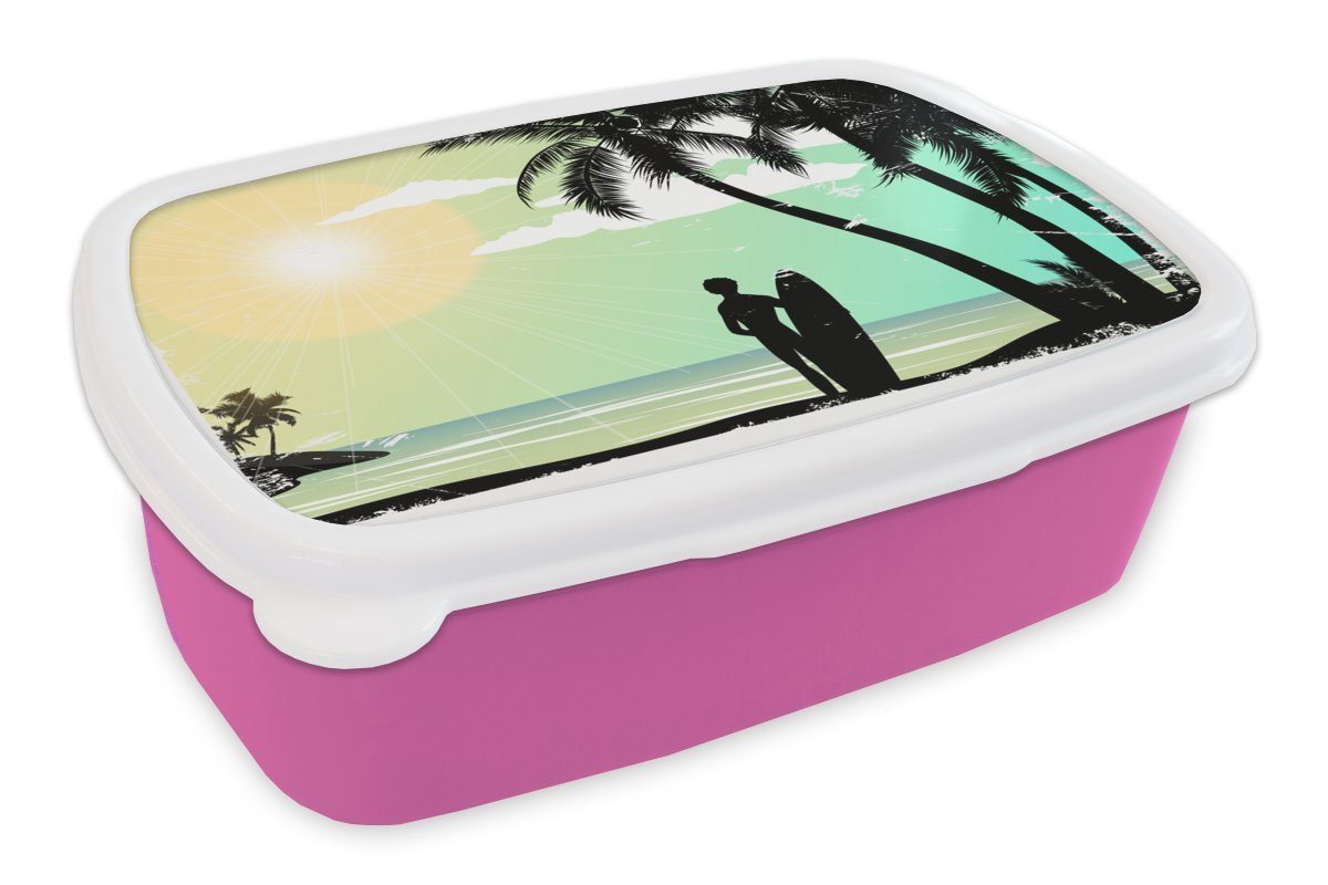 MuchoWow Lunchbox Strand - Palme - Sonne - Surfbrett, Kunststoff, (2-tlg), Brotbox für Erwachsene, Brotdose Kinder, Snackbox, Mädchen, Kunststoff rosa