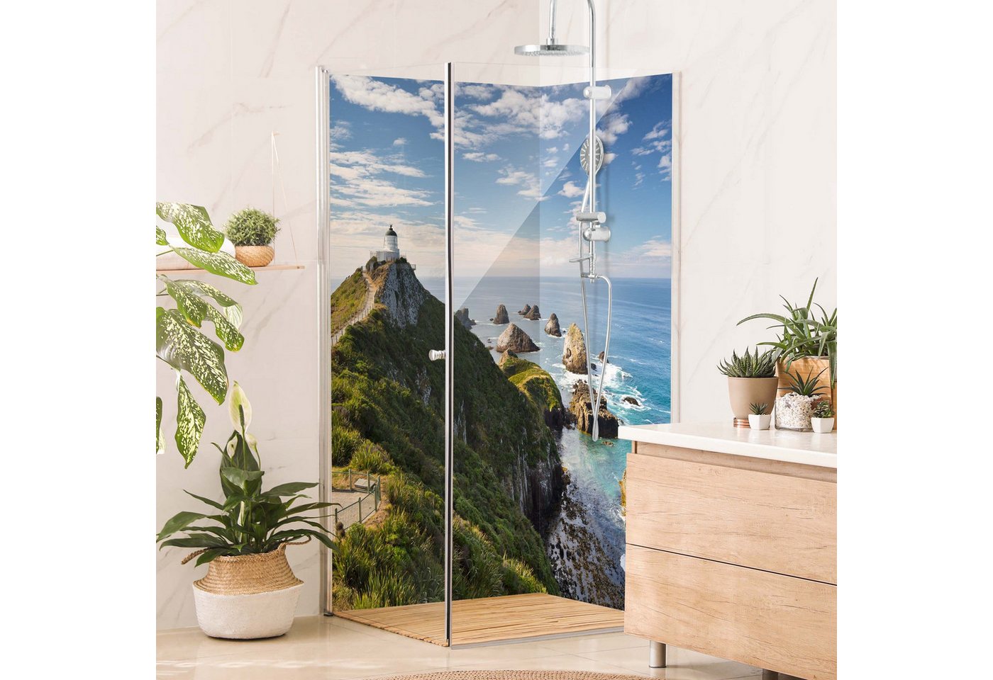 Thumbnail - Bilderdepot24 Duschrückwand Leuchtturm blau Duschrückwand ohne Bohren Natur Strand, (2-tlg., 0,61 mm starke Folie selbst...
