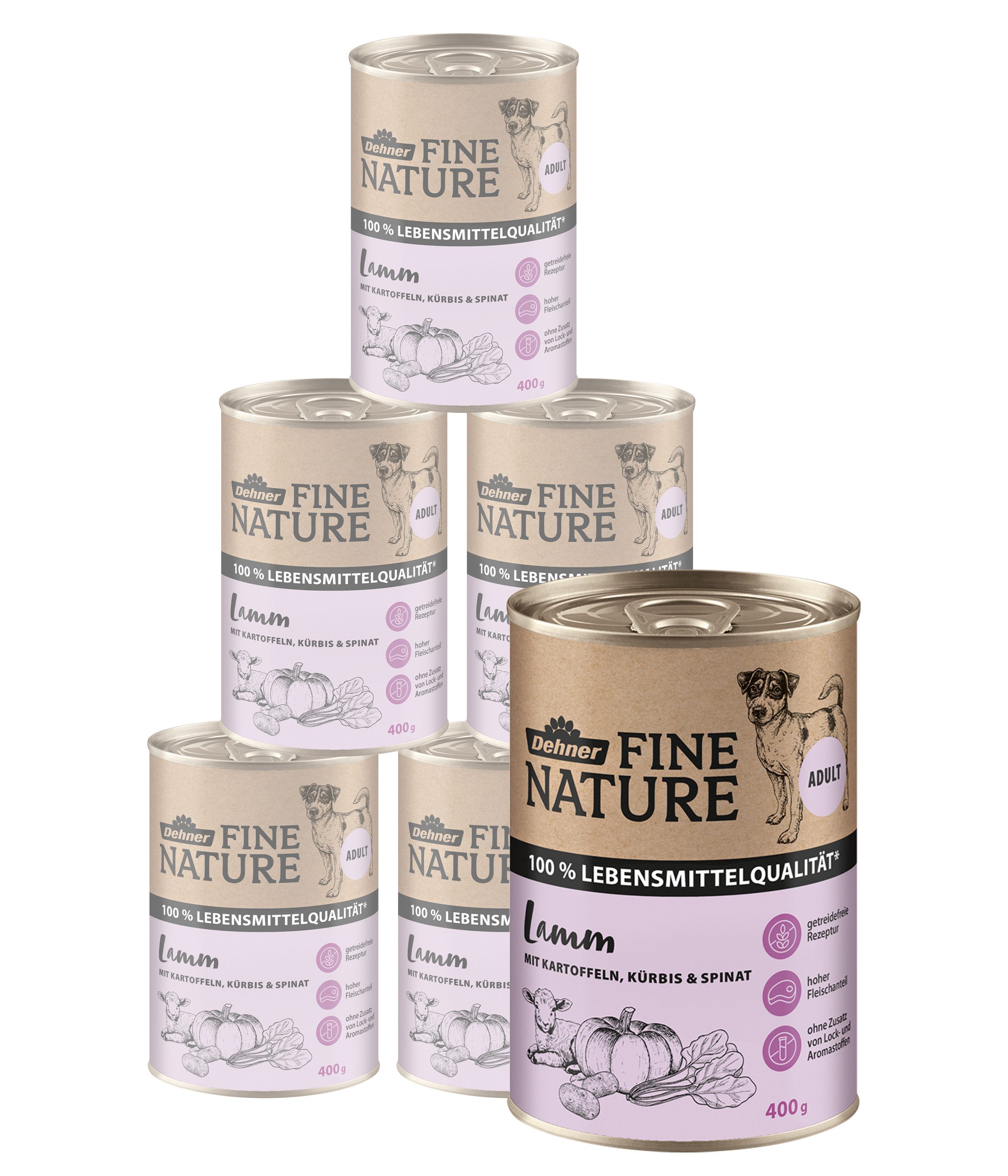 Dehner Fine Nature Adult Lamm / Kürbis, 6 x 200 / 400 / 800 g Dose Lamm, 2400g, Nassfutter für ausgewachsene Hunde