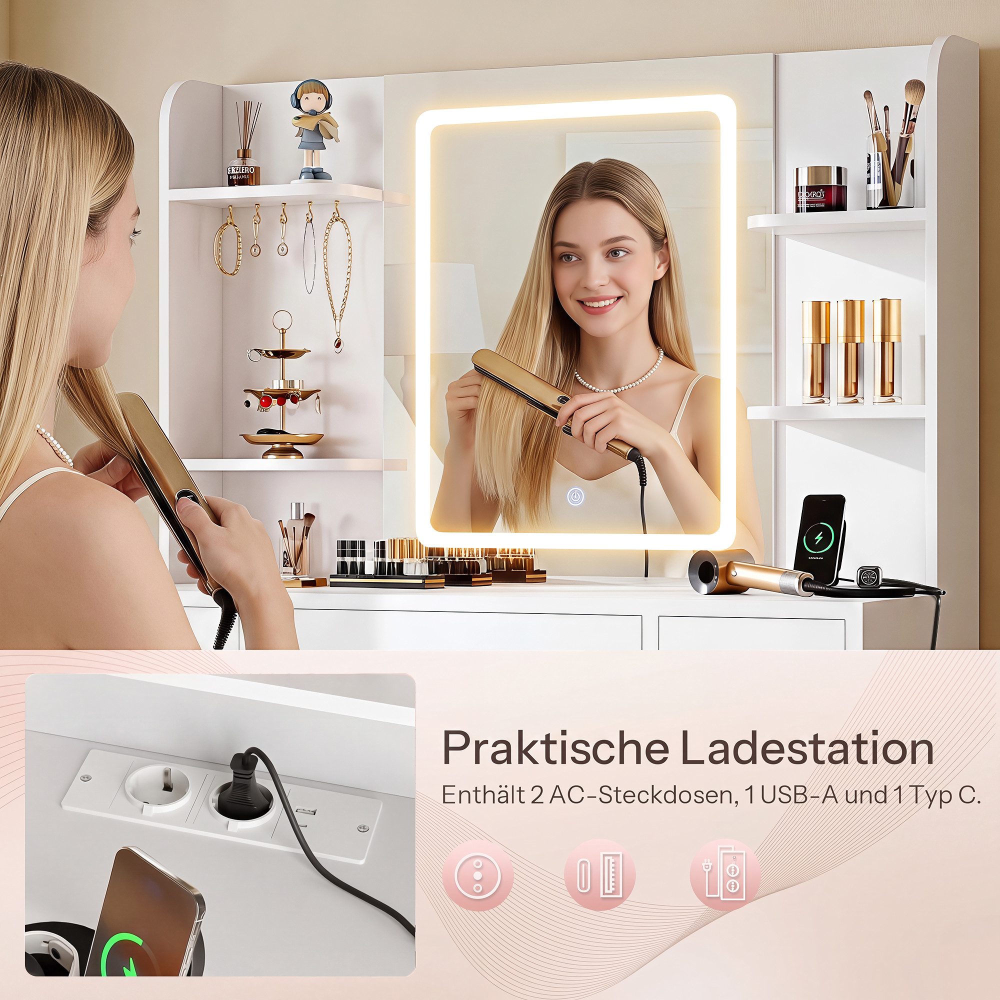 oyajia Schminktisch mit Spiegel und LED-Leuchten, Steckdosenleiste, Schubladen (integrierte Steckdose & USB+type C, modern für Schlafzimmer, GroBe 107*40*140cm) – Bild 4 von 5