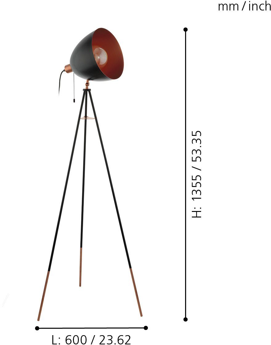 EGLO Stehlampe CHESTER Stehlampe, E27, IP20, Vintage, Stahl, Wohnzimmerlampe, Lampe, Ein-/Ausschalter, ohne Leuchtmittel, Stehleuchte, H149,5 cm, schwarz, kupfer, 1X60W exkl.