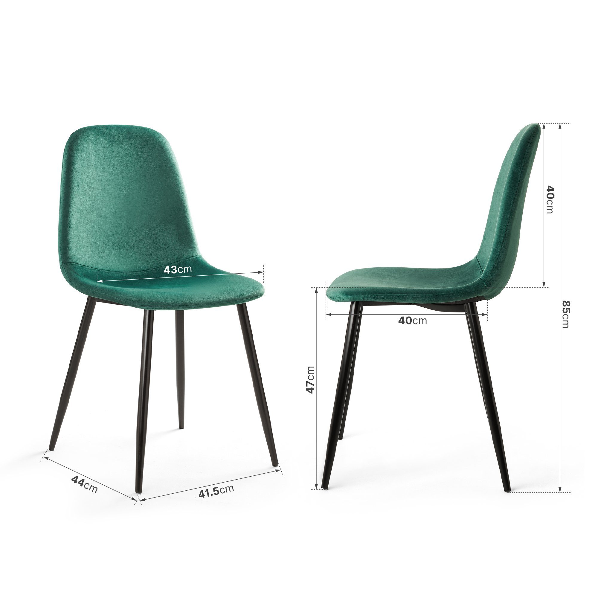 Mondeer Esszimmerstuhl Esszimmerstühle und (2/4 Metallfüßen mit | Grün Hellgrau/Grün Samt 43,5 cm, Grün Polsterung, 85 x x 53 St)