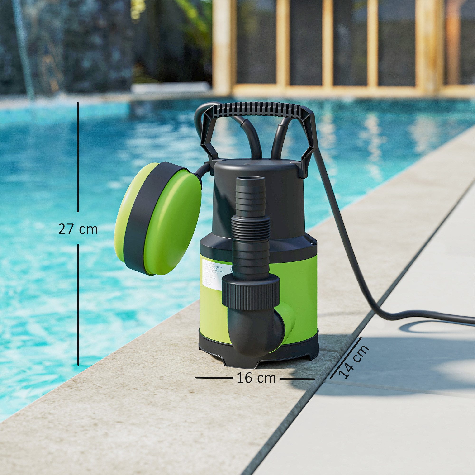 Outsunny Gartenpumpe Schmutzwassertauchpumpe mit Schwimmerschalter Förderhöhe max 5 m (Tauchpumpe, 1-tlg., Schmutzwasserpumpe), 400W 9000L,h Grün 16 x 14 x 27 cm