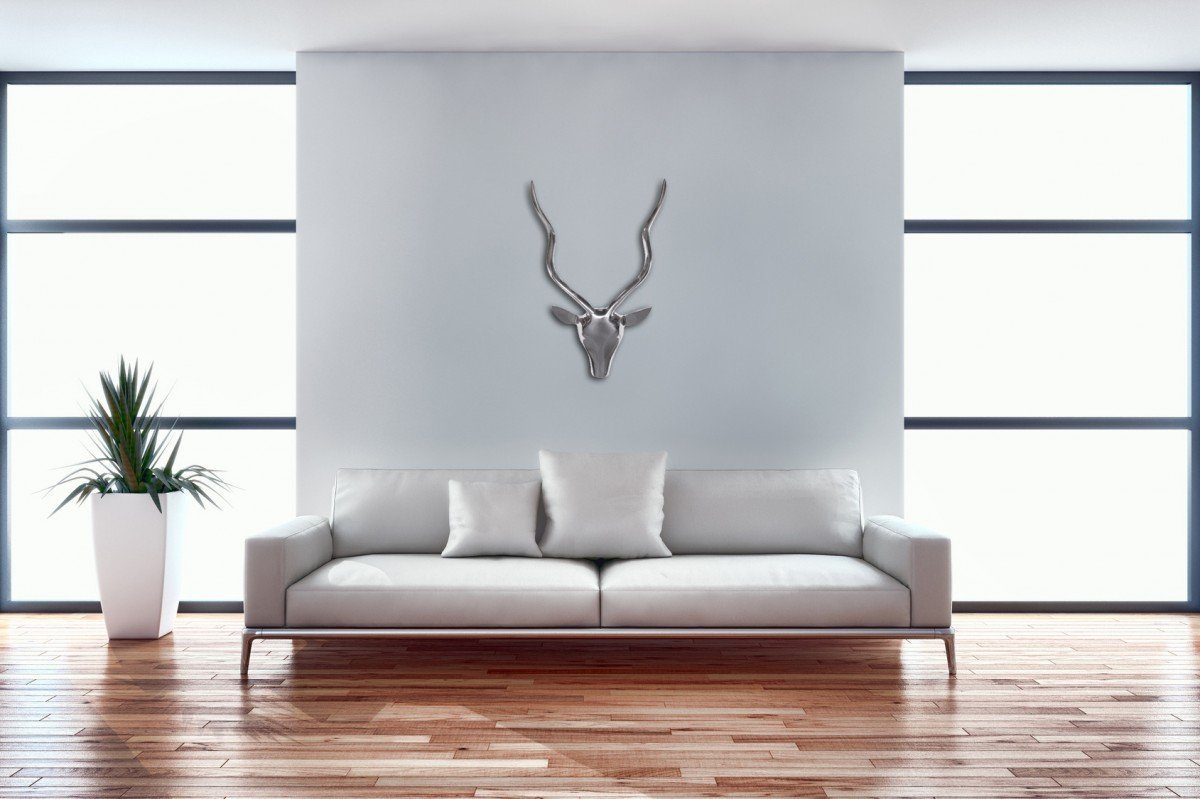 möbelando Dekogeweih Deko Hirschgeweih S Aluminium Wanddeko Landhausstil Silber Metall, 4 x 54 x 33 cm (B/H/L)