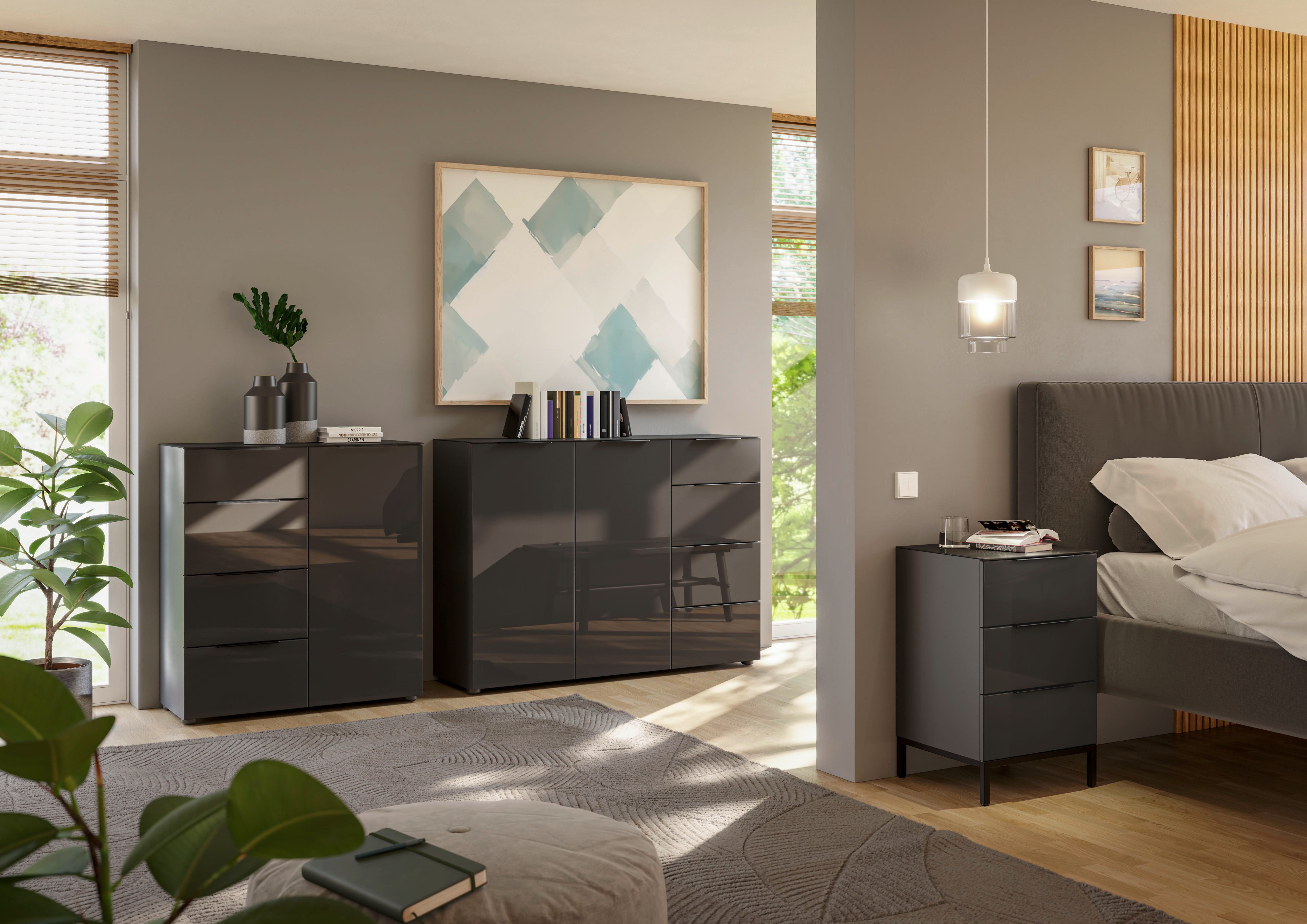 Manjana Möbel Kommode mit Chrom oder Schwarz matten Metallgriffen & Glasfront, Soft-Close, melaminbeschichteter Korpus, mit Vollauszug, Made in Germany