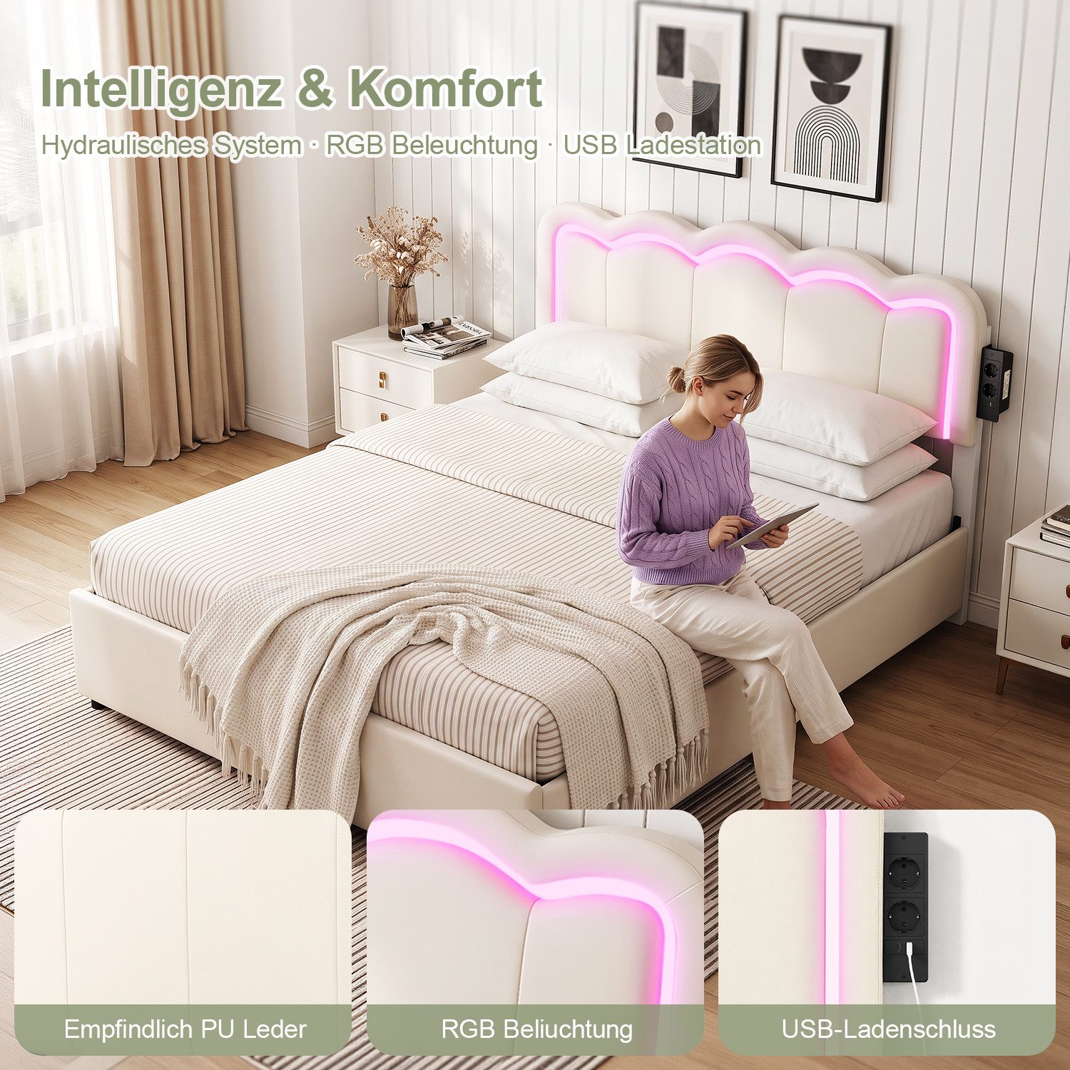 oyajia Polsterbett Kinderbett Stauraumbett, Ladestation & LED-Beleuchtung,PU-Kunstleder (Kopfteil hochstellbar, 4 Schubladen), Modernes Jugendbett, Leises Desig – Bild 5 von 5