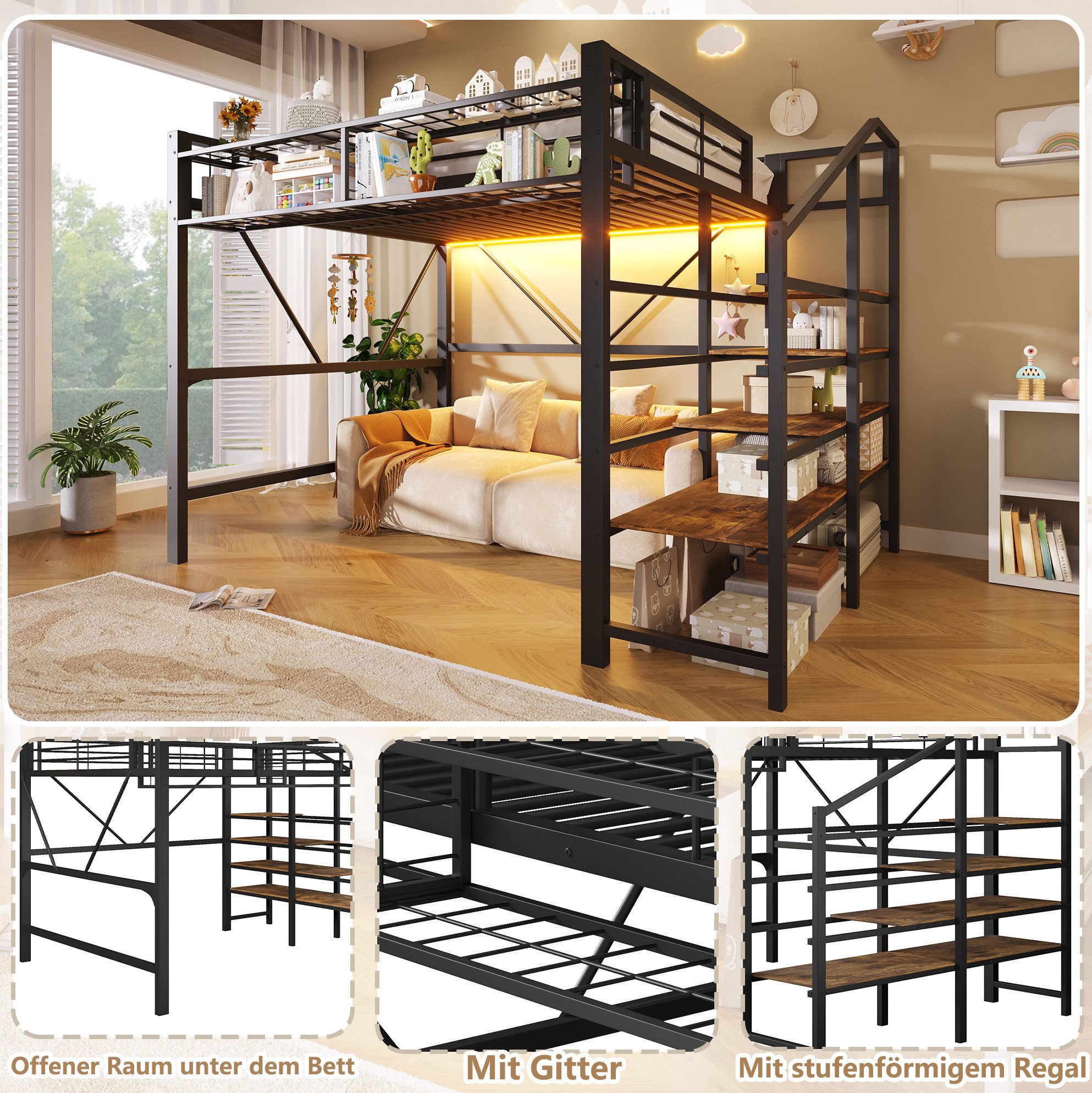MODFU Hochbett Kinderbett aus Metall mit offenem Stauraum, LED-Leiste (Jugendbett 140x200 cm mit Gitterelementen, Stufen-Ablageregal und Aufbewahrungskorb, Eisenbett) Inklusive Matratze