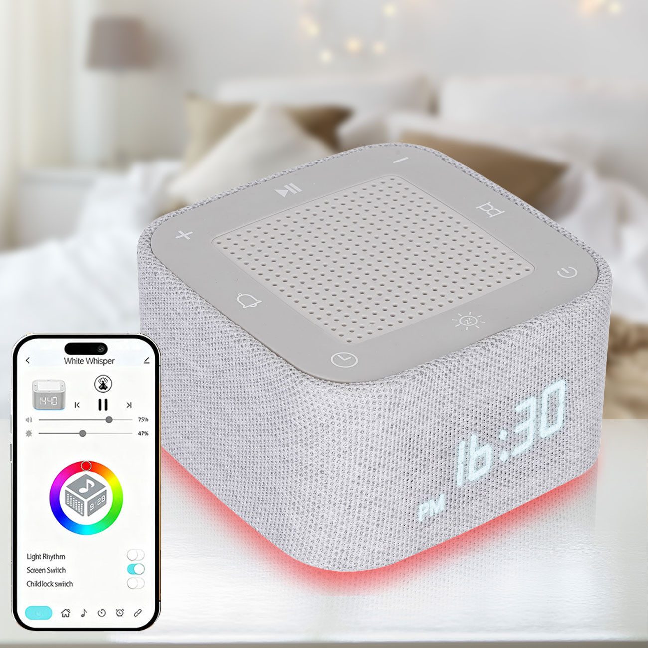 shop'n smile ideoon Wecker 2W White-Noise Wecker Bluetooth-Lautsprecher & RGB Nachtlicht USB 800mAh-Akku Auto-Off-Timer & Snooze Funktion dimmbares Display