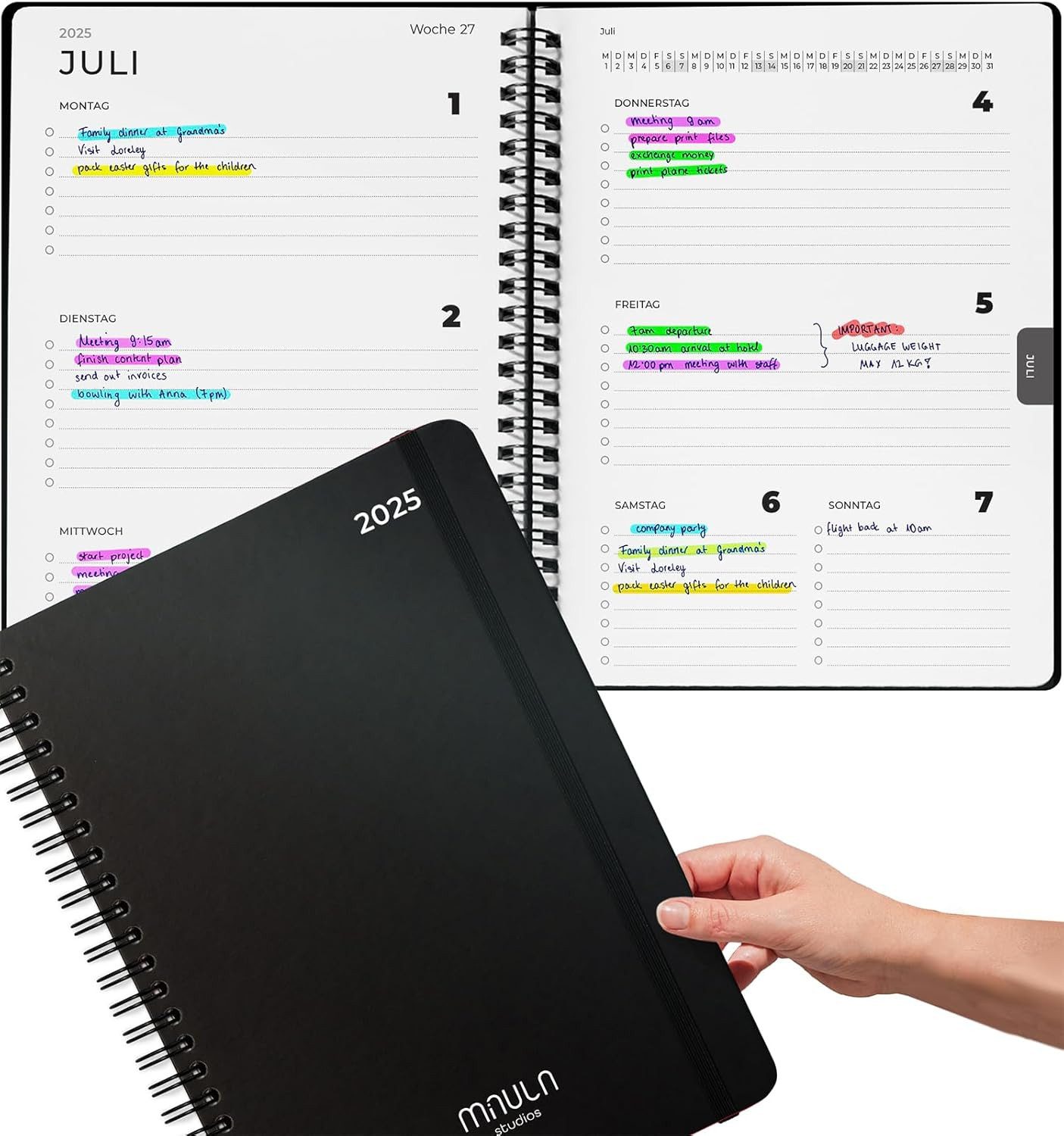Milula Studios Terminplaner Terminplaner 2025 - Minimalistischer Buchkalender 2025, Wochenplaner 2025 - Terminkalender Buch 2025 mit Feiertagen