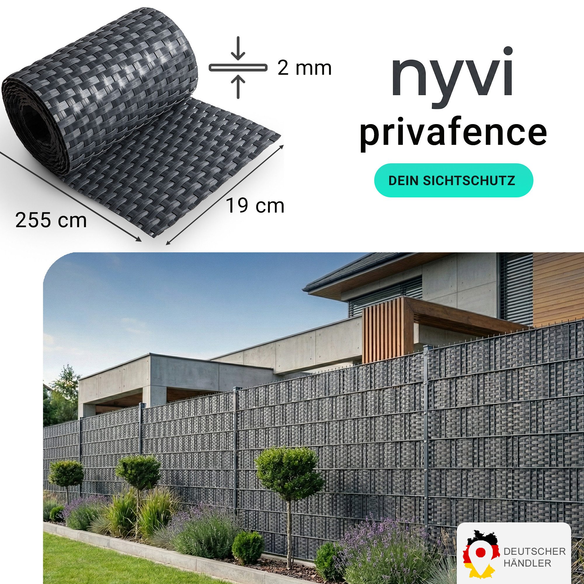 NYVI Sichtschutzstreifen Sichtschutzstreifen Privafence 255x19 cm für Zaun, (1-St), Polyrattan 3D Optik, Wetterfest, Reißfest