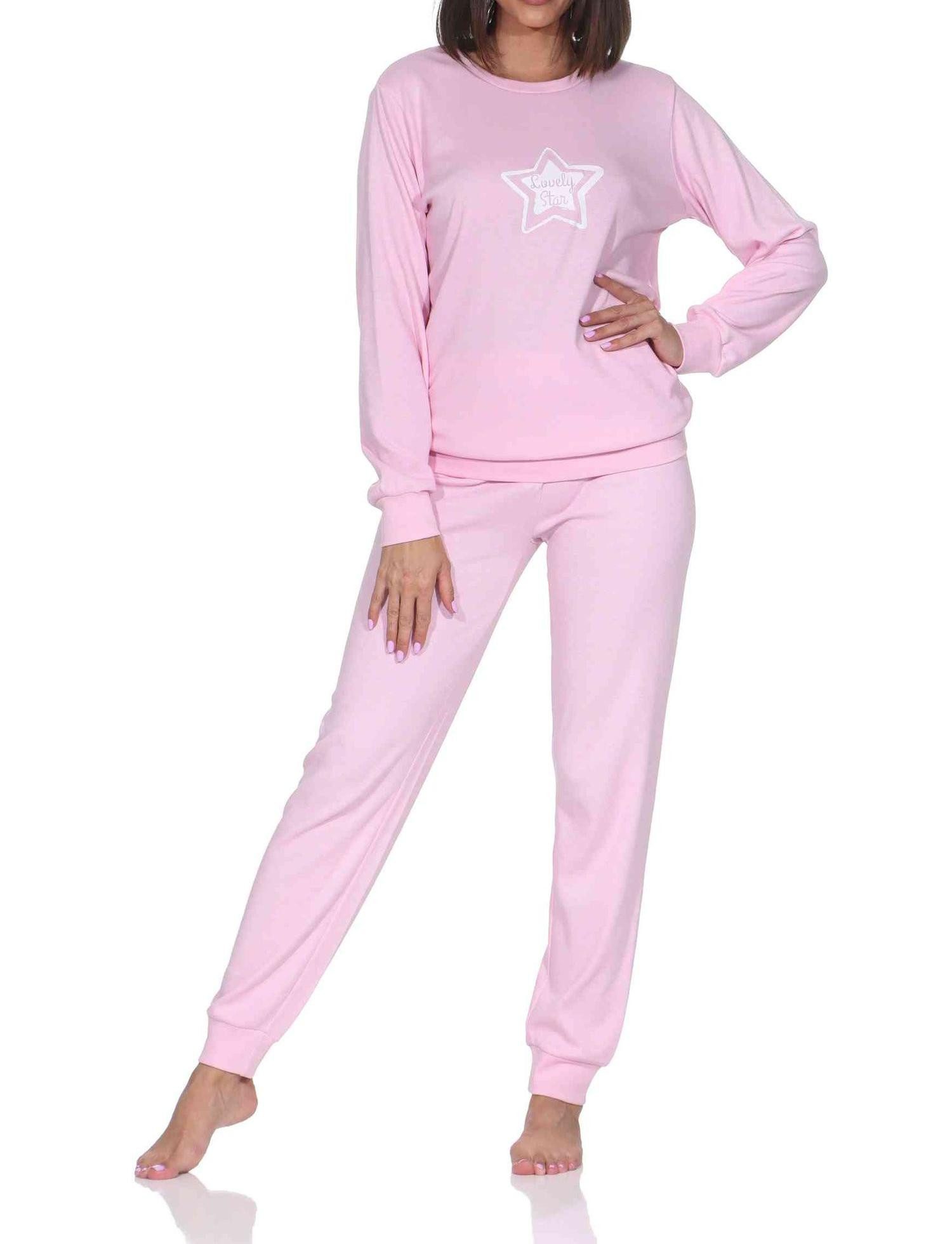 Pyjama Damen Schlafanzug in Kuschel Interlock mit Bündchen in Sterne Optik