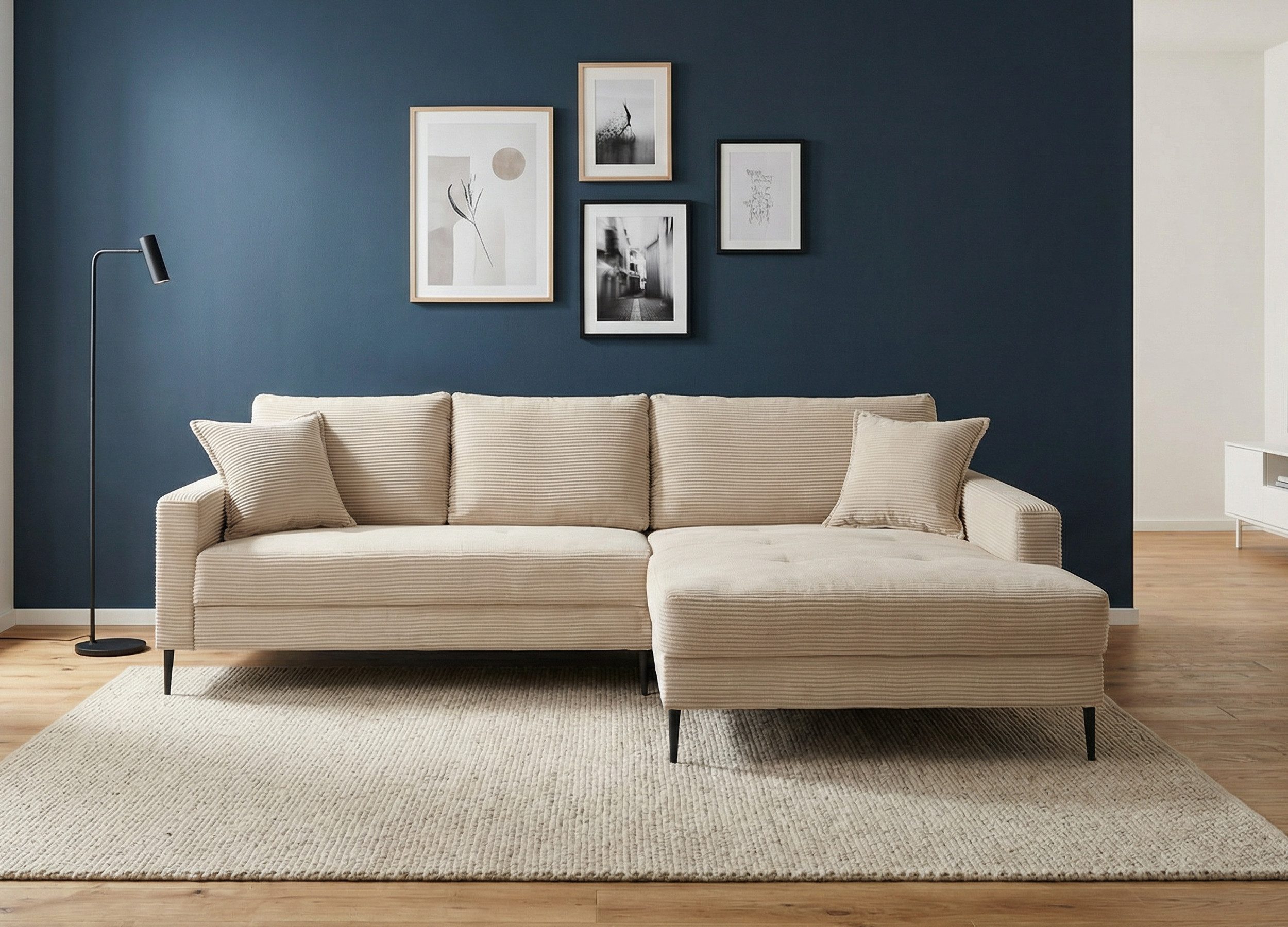 Massivart® Ecksofa Cord Creme 276 × 173 cm / Nosagunterfederung / Model SUMMER, echt bezogener Rücken · inkl. Kissen Set · Metallfüße schwarz