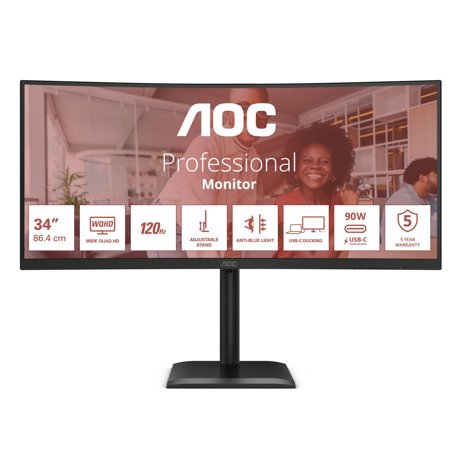 AOC 86,0cm (34) CU34E4CV 21:09 2xHDMI+DP+USB-C Curved blk TFT-Monitor (3440 x 1440 px, UltraWide Quad HD, 4 ms Reaktionszeit, 120 Hz, VA, Curved, Lautsprecher, HDCP, HDR, Kopfhörerbuchse, Höhenverstellbar)
