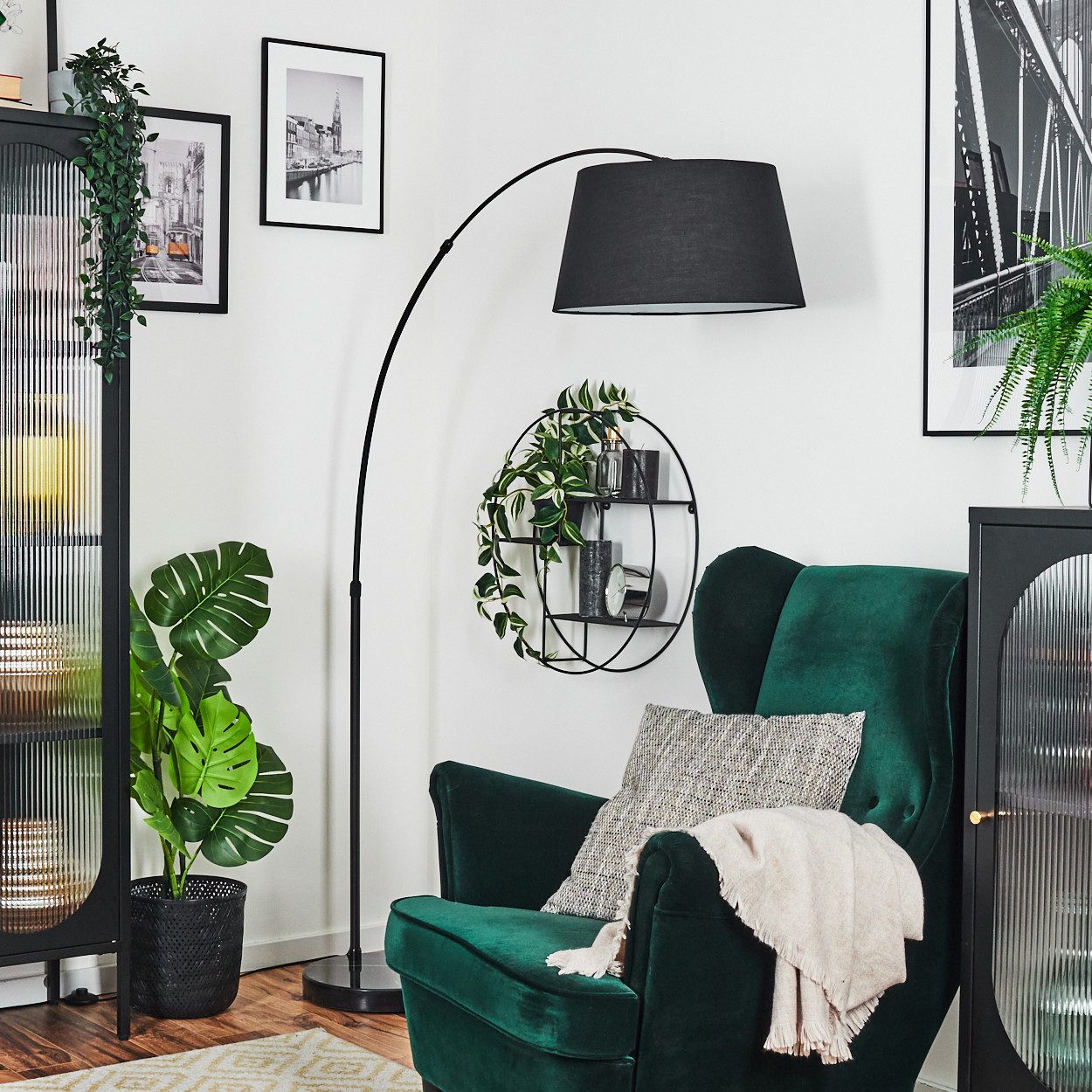 hofstein Bogenlampe Stehlampe mit Marmorfuß aus Metall/Stoff in Schwarz/Weiß, verstellbare Stehleuchte im modernen Design, Ø 40 cm, Fußschalter, E27