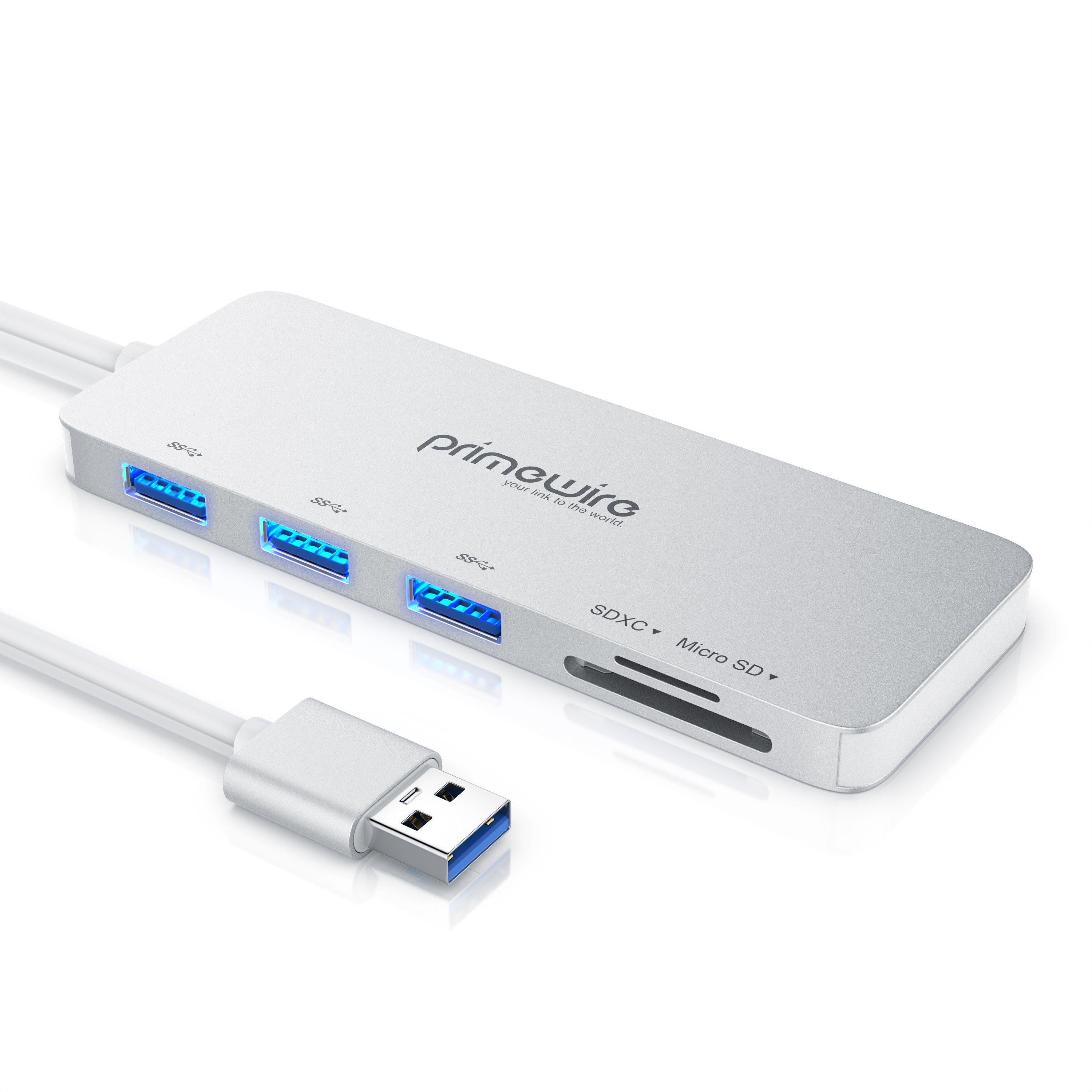 Primewire USB-Adapter USB-C zu USB 3.0 Typ A, microSD, SD, 15 cm, 3-Port USB 3.2 Gen1 Hub inkl. Kartenlesegerät microSD/SD Karten Slot