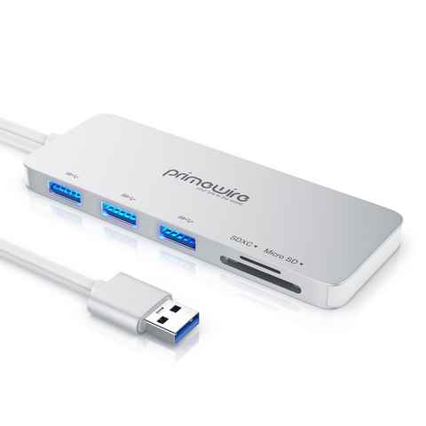 Primewire USB-Adapter USB-C zu USB 3.0 Typ A, microSD, SD, 15 cm, 3-Port USB 3.2 Gen1 Hub inkl. Kartenlesegerät microSD/SD Karten Slot