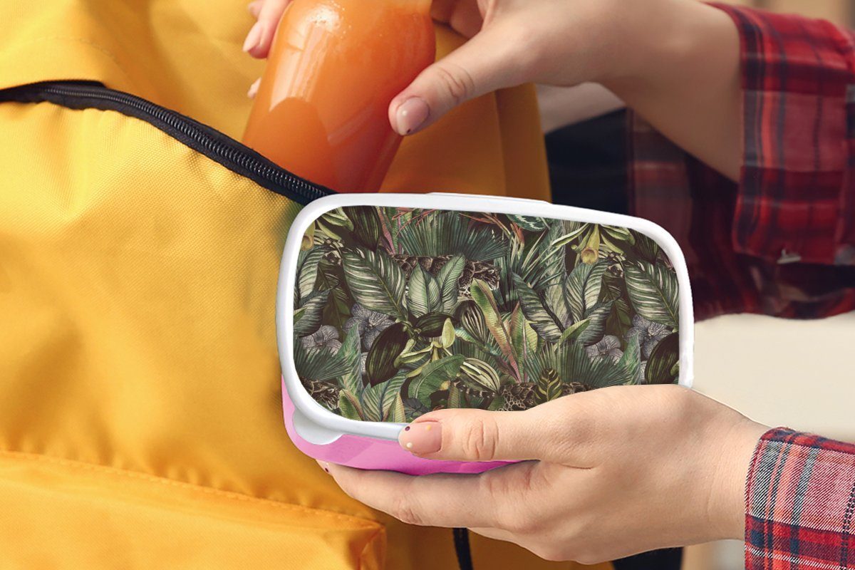 Lunchbox Brotdose für Dschungel Snackbox, (2-tlg), - Kunststoff Kunststoff, Mädchen, Muster, Brotbox Erwachsene, MuchoWow Kinder, - Blätter rosa