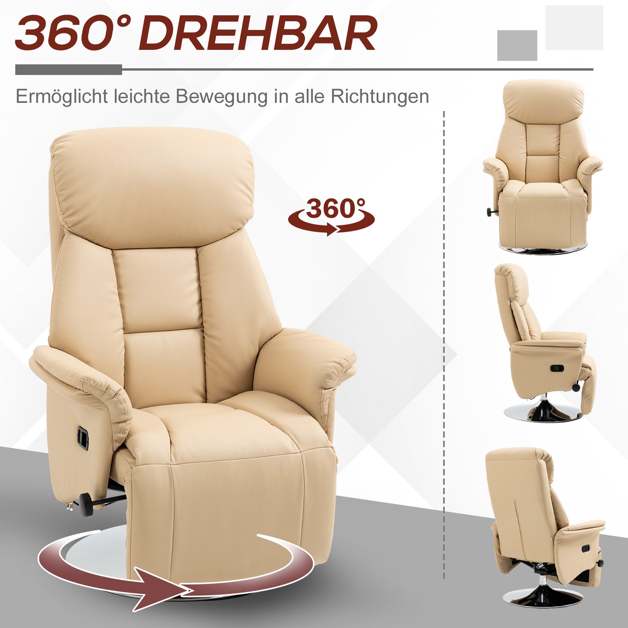 HOMCOM Relaxsessel Fernsehsessel mit Liegefunktion, drehbar, gepolstert, Ruhesessel (Fernsehsessel, 1-St., Liegesessel), für Wohnzimer, Beige – Bild 5 von 5