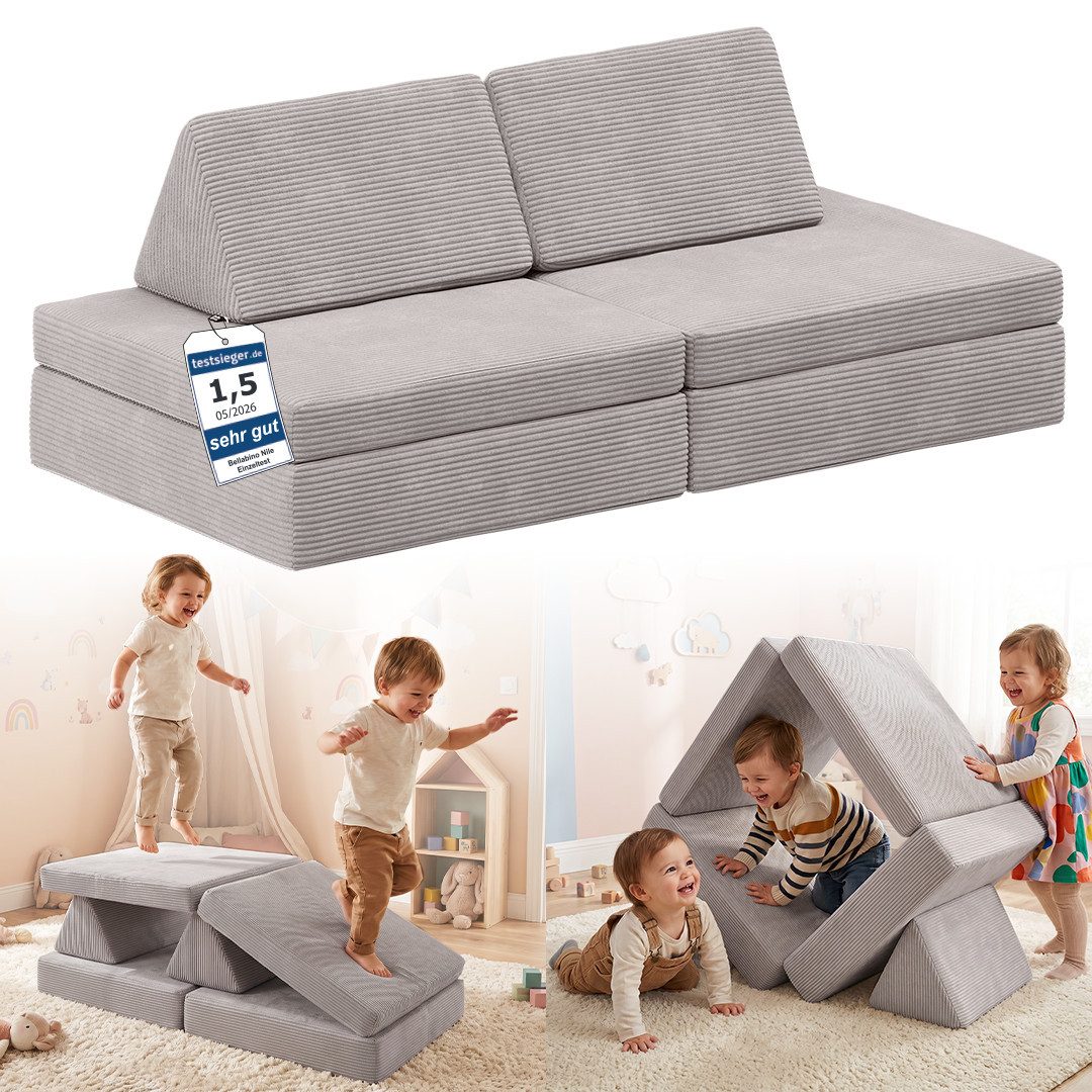 Bellabino Kindersofa Nile aus 4 Schaumstoff Bausteinen, Beige, faltbare Kinderspielcouch mit Cordbezug, abnhembar & waschbar, Kindercouch