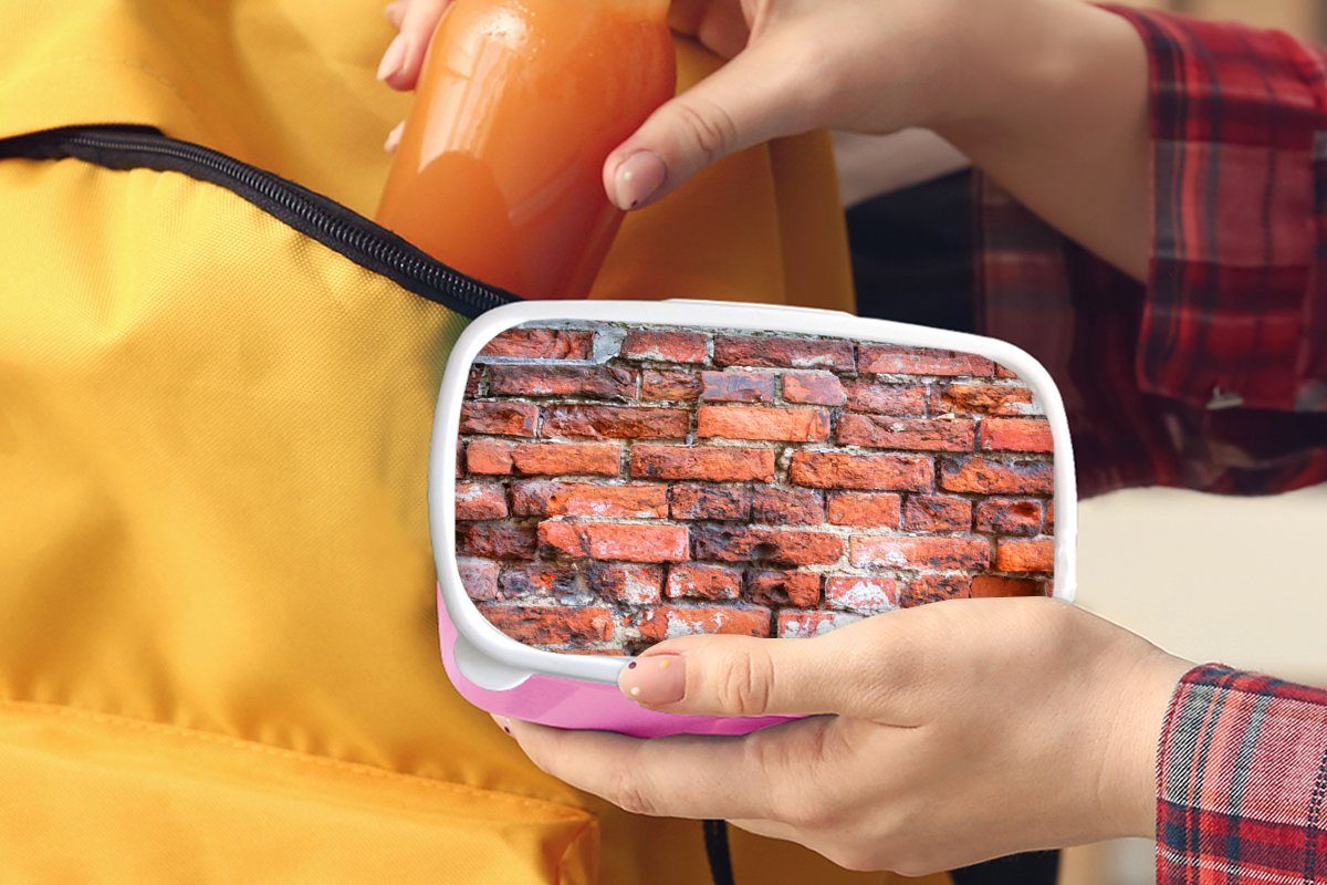 - Snackbox, Brotbox MuchoWow Ziegel, - Wand Mädchen, Kinder, Kunststoff (2-tlg), Erwachsene, Kunststoff, Brotdose Lunchbox für Mauerwerk rosa