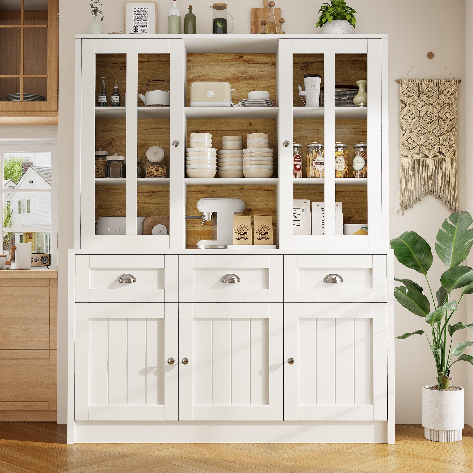 IDEASY Sideboard Hochschrank Vitrinenschrank Küchen-Esszimmerschrank mit Schubladen, Moderner Minimalistischer Hochschrank Standvitrine, 140x38,5x175 cm