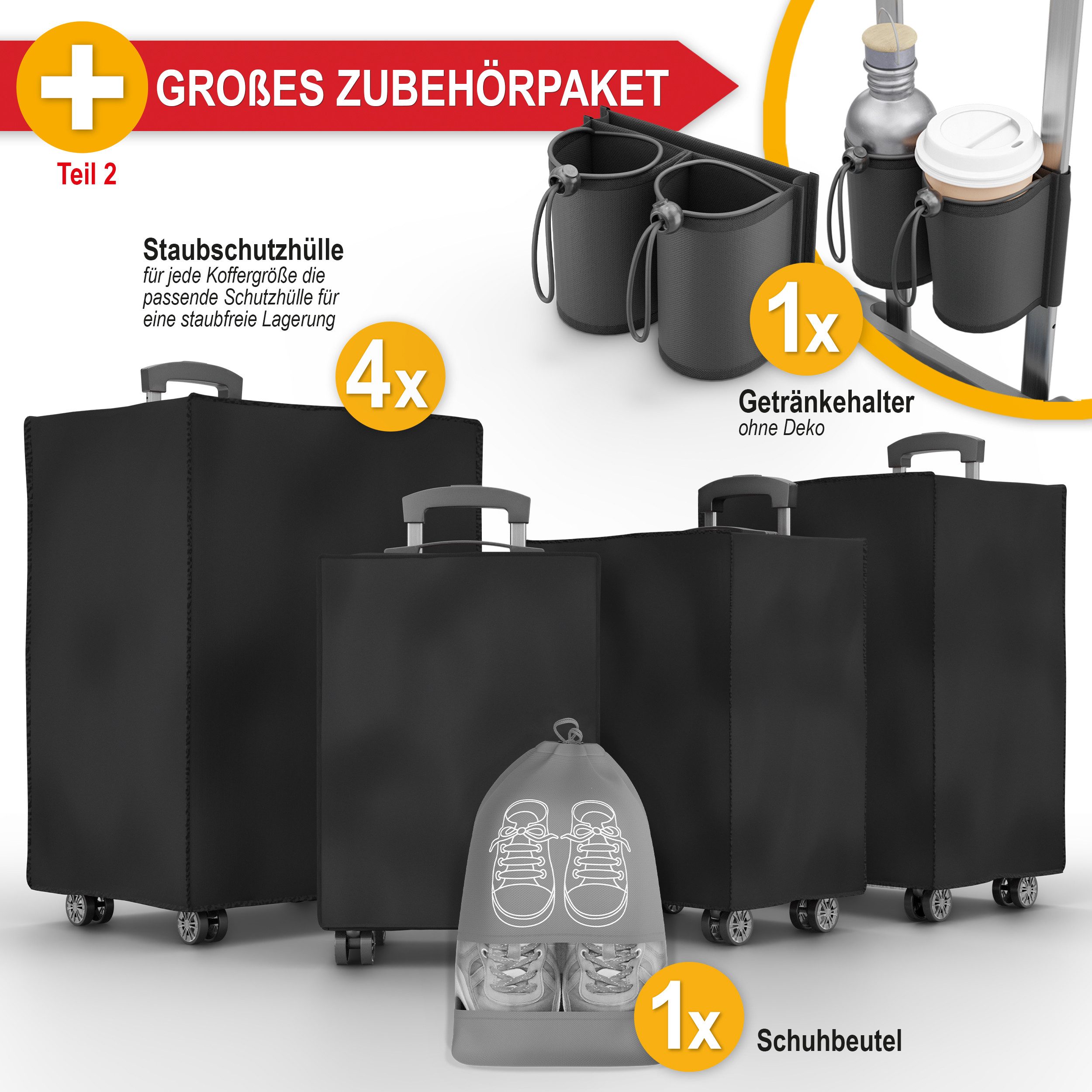 Onbest Kofferset 4er Hartschalen Trolley PREMIUM S-M-L-XL TSA-Schloss, (4 tlg), Mit sehr viel Zubehör, USB-C Anschluss