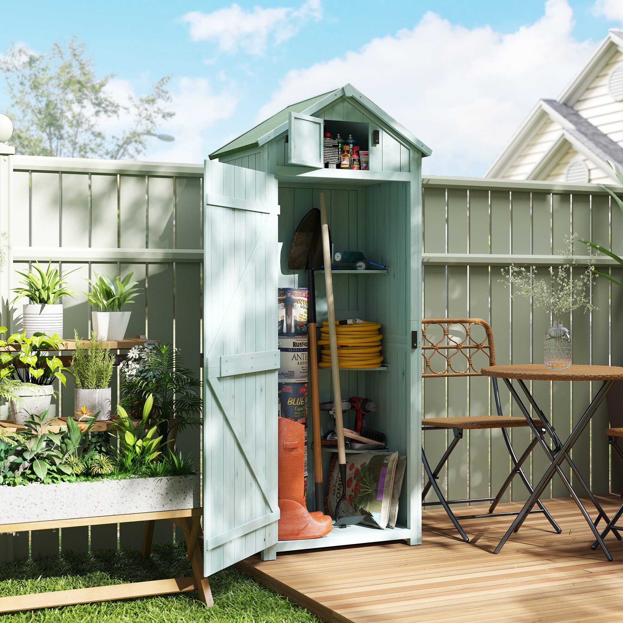Outsunny Gerätehaus Gartenschrank Holz, Geräteschuppen wetterfest, mit Tür, BxT: 77x54.2 cm, (Geräteschuppen, 1 St., Gartenschrank), für Garten, Hellblau+Grün