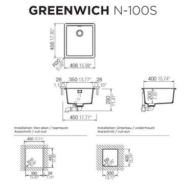 Schock Granitspüle Schock Cristadur Greenwich N-100 S U Polaris POL Exzenterbedienung, 40,6/45,6 cm