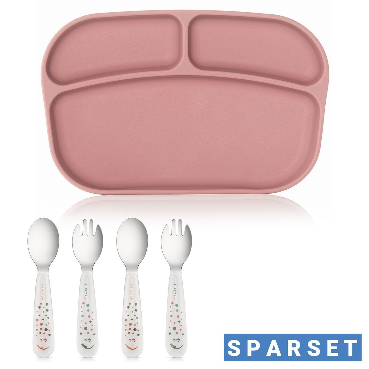 MiaMia Besteck-Set Rose, Edelstahl 18/10 / Kunststoff PP, Kinder Esslern Set Silikon Teller & Besteck (2 Löffel & 2 Gabeln)
