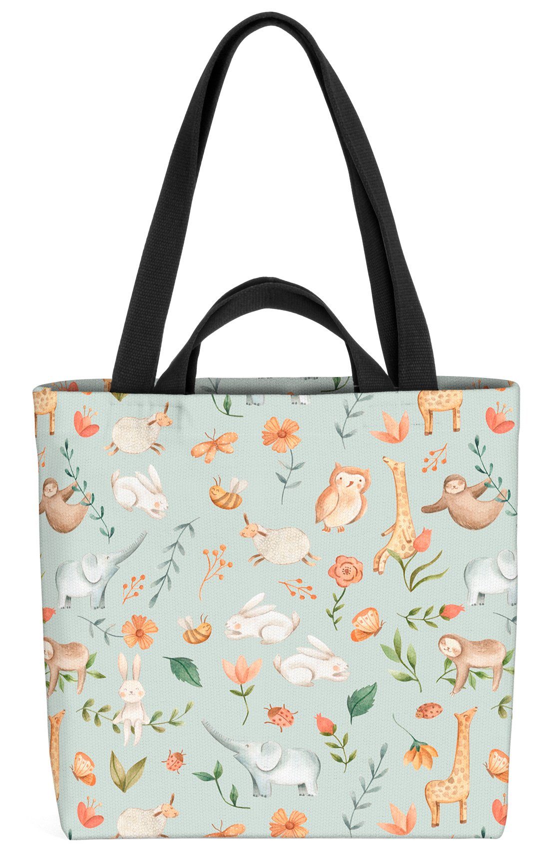 VOID Henkeltasche (1-tlg), Tierkinder Eule Giraffe Elefant Hase Blumen Eule Biene wiese schaf ga