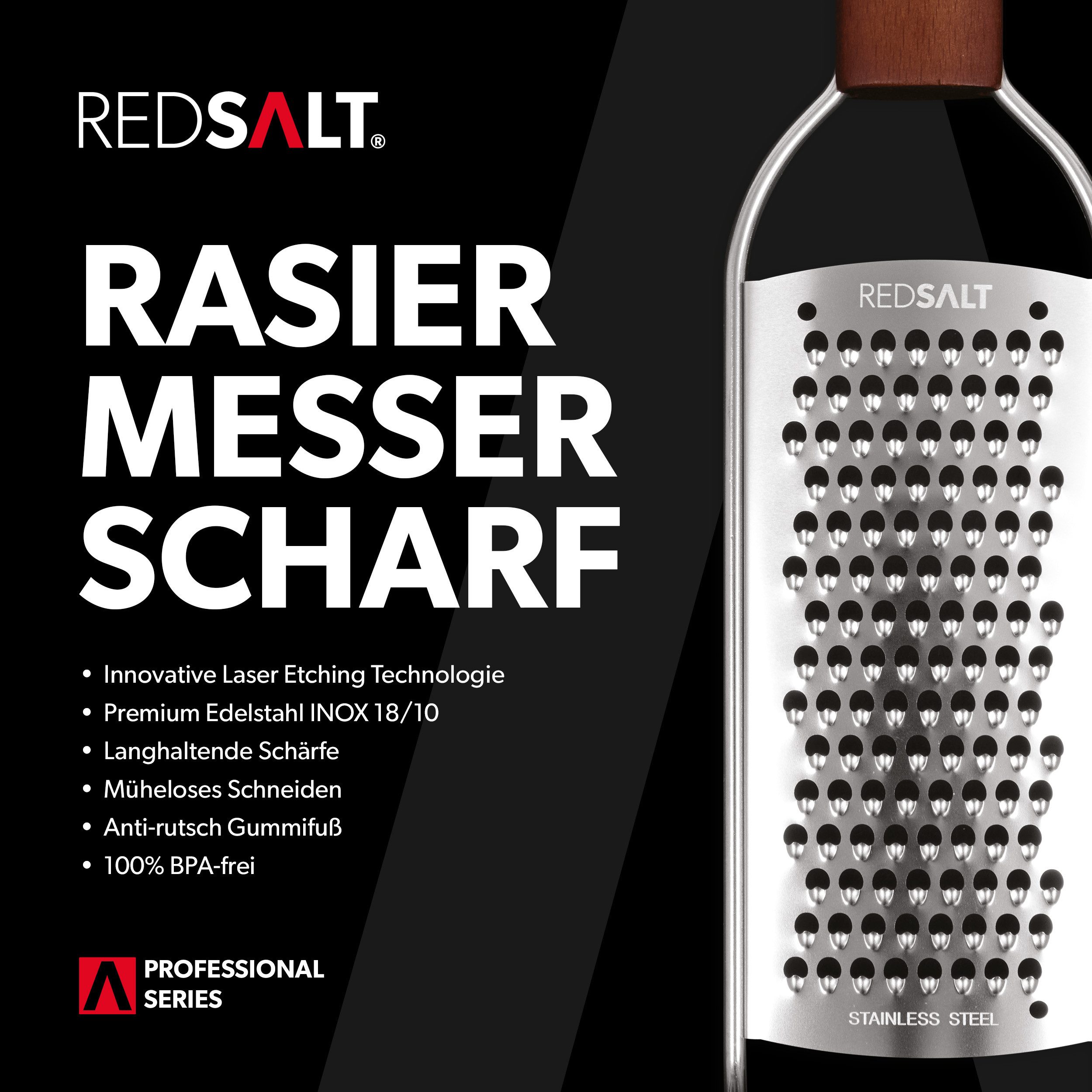 REDSALT® Küchenreibe Parmesanreibe mit Holzgriff rasiermesserscharf, Julienne Reibe, Feine rostfreie Edelstahl Klinge in INOX 18/10 Qualität