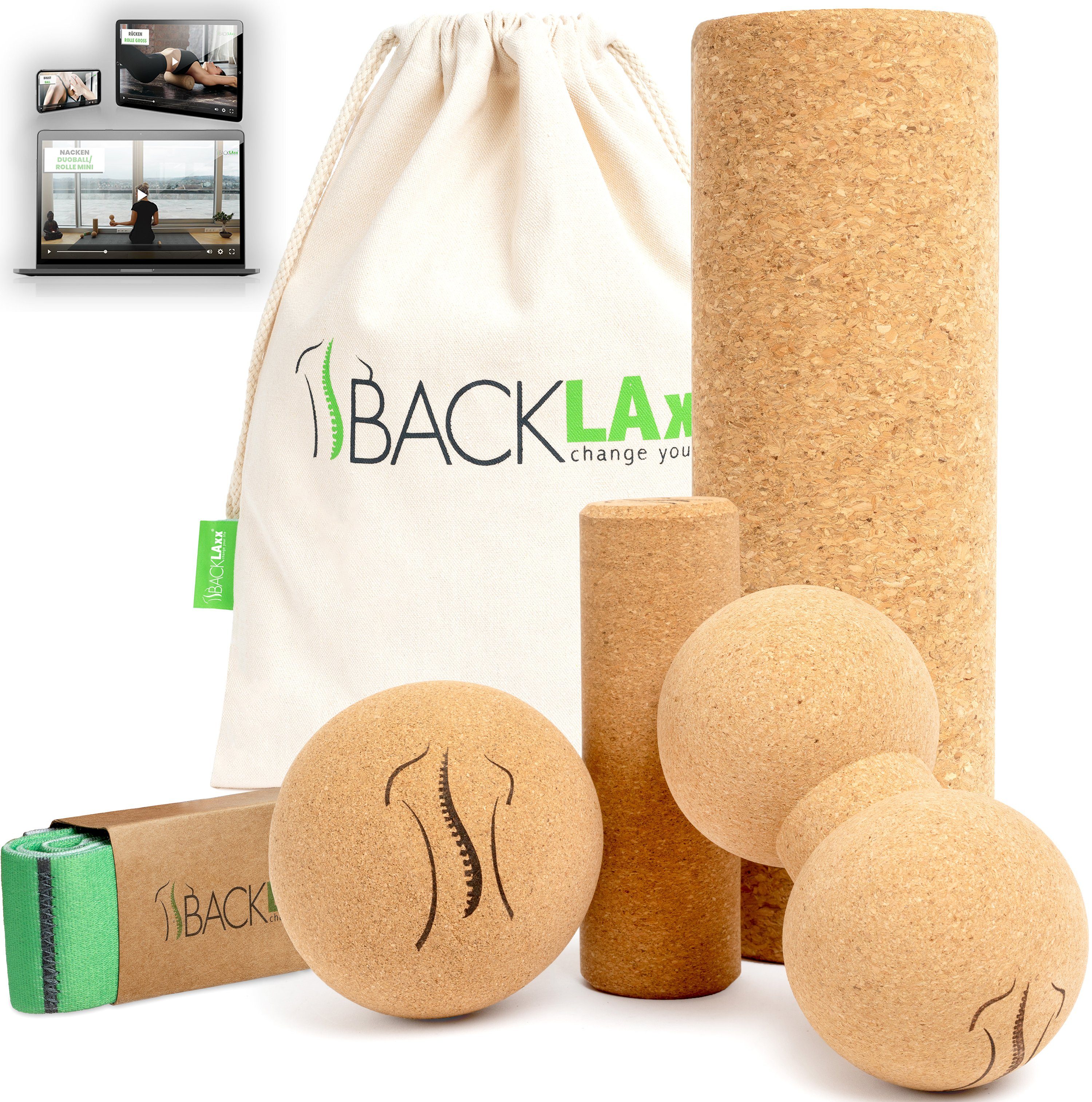 BACKLAxx® Pilatesrolle Set (4-tlg., Rolle groß, Rolle klein, Ball 10cm, Duoball, Trainingsband, Beutel), Korkrolle zur Selbstmassage, zur myofaszialen Selbstmassage