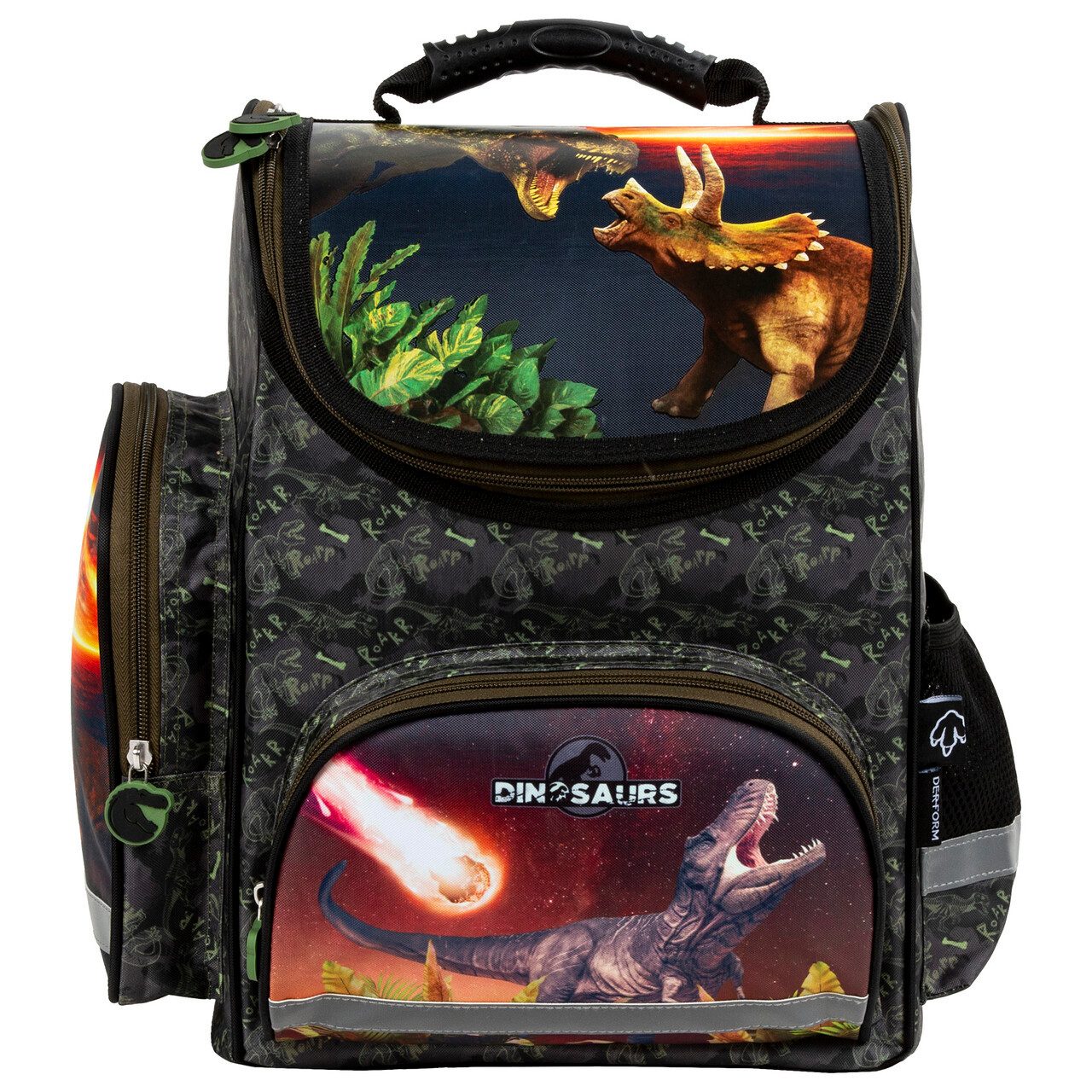 DERFORM Schulranzen 5 tlg. Set Tornister Dinosaurier Dino Turnbeutel Brotdose Federtasche (Set, 5-tlg., Brotdose und Trinkflasche, Schulranzen mit Federmappe Turnbeutel)