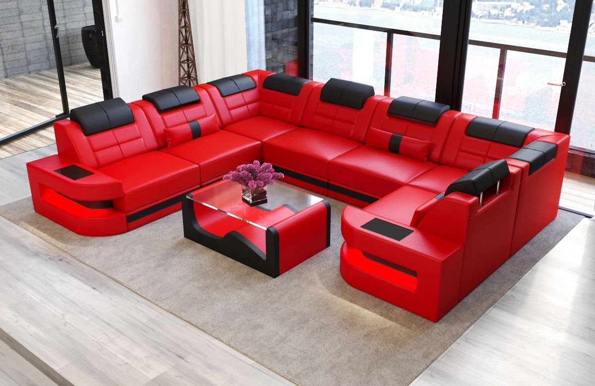 Como als Schlafsofa, U Ledersofa, Form Couch, LED, Designersofa wahlweise Sofa Wohnlandschaft Sofa Leder Ledercouch Bettfunktion mit Dreams mit