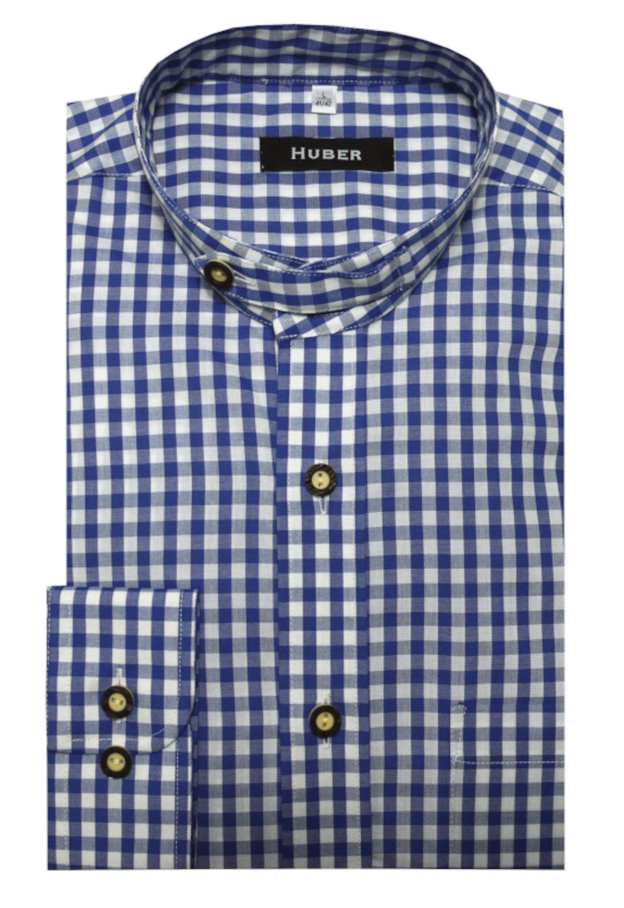 Huber Hemden Trachtenhemd HU-0722 Stehkragen mit Lasche, Krempelarm, Regular Fit-gerader Schnitt blau-weiß