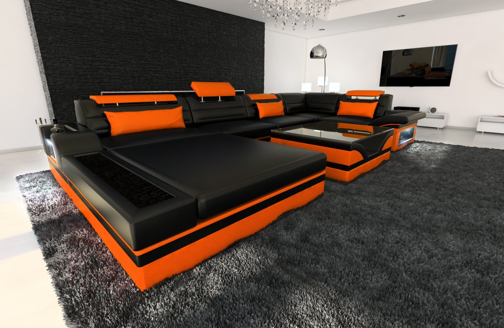 Sofa Dreams Wohnlandschaft mit Mezzo Bettfunktion Sofa Form Designersofa Leder mit U Couch, LED, Ledersofa, wahlweise Schlafsofa, als