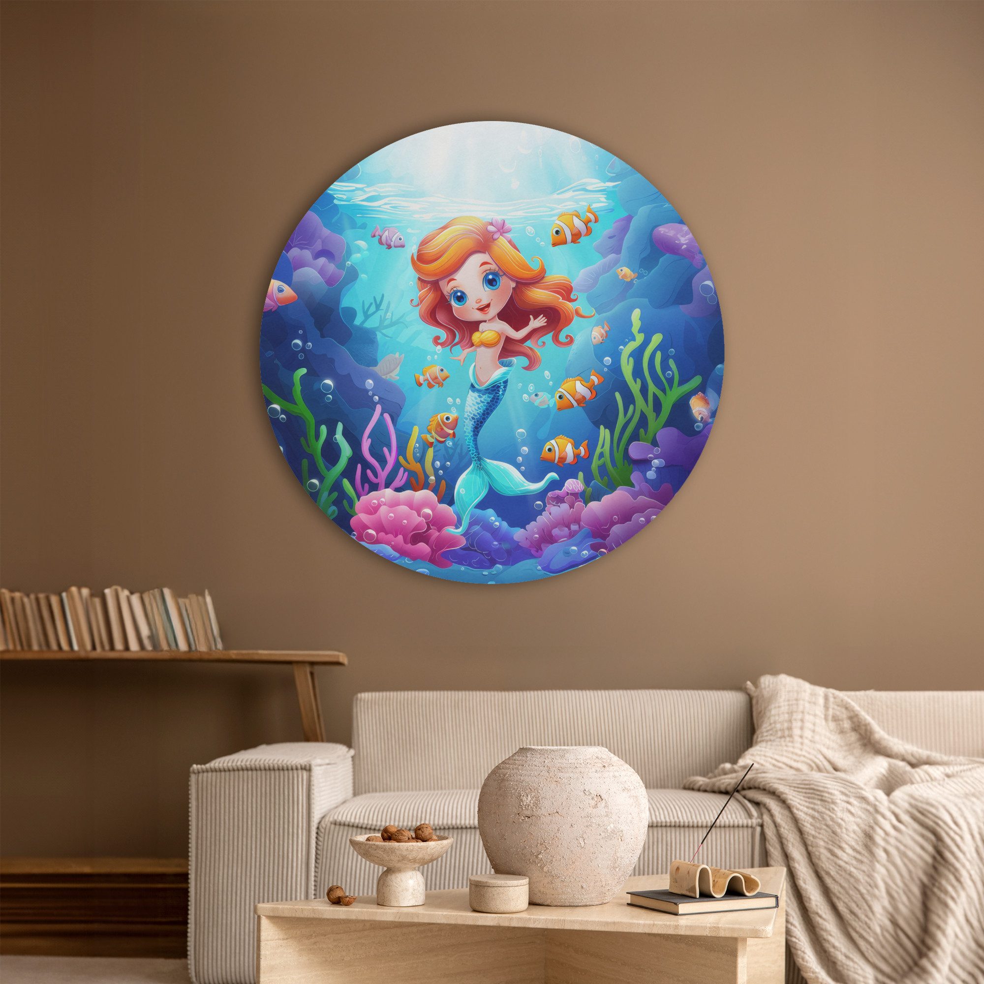 MuchoWow Gemälde Meerjungfrau - Unterwasserwelt - Fische - Ozean, Fotodruck (1 St), Wandkreis XXL, Wandpaneele, Schalldämmung, Akustikbilder 90x90 cm