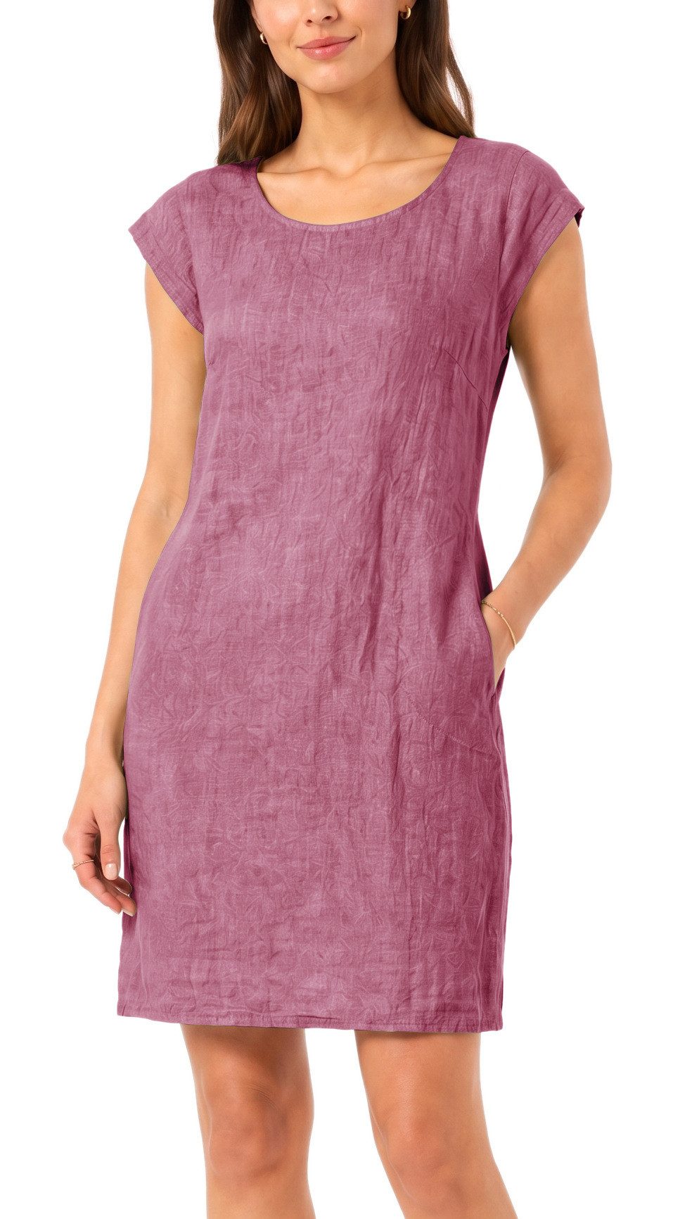 dy_mode Midikleid Einfarbiges Damen Leinenkleid Sommerkleid Kurzarm Midi Kleid in Unifarbe, mit Eingriffstaschen, leicht taillierte Passform