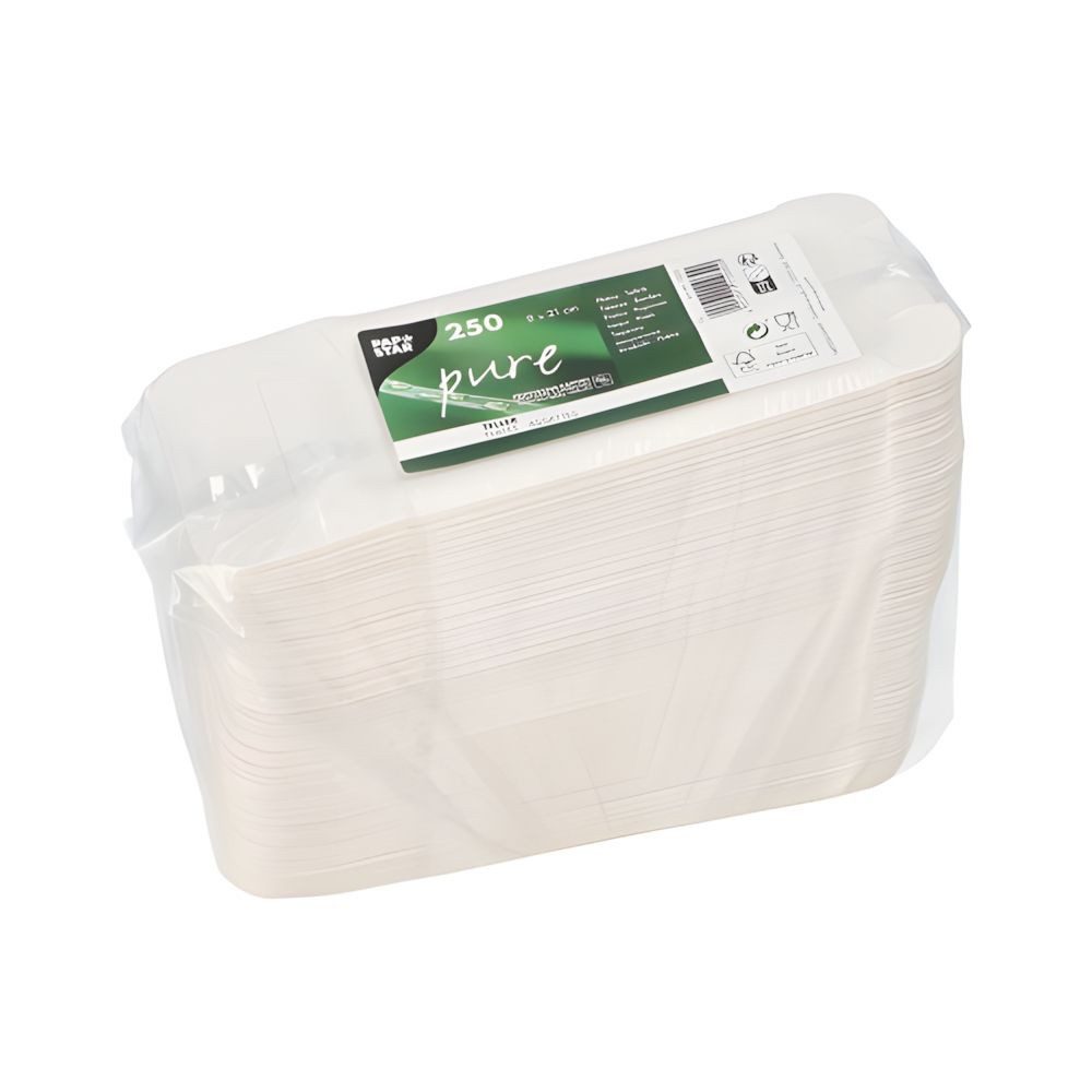 PAPSTAR Pappteller Teller, Pappe pure eckig 8 cm x 21 cm weiss mit Anfasser 250 Stk