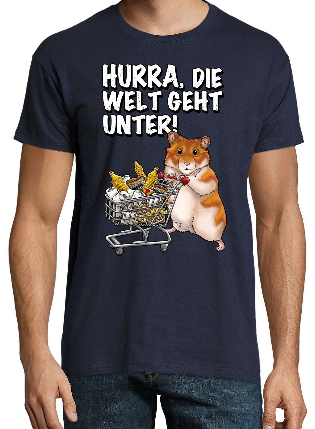 Hamster Welt Print-Shirt Print Die mit Hurra Geht Spruch T-Shirt Youth lustigem Unter Navyblau Herren Designz