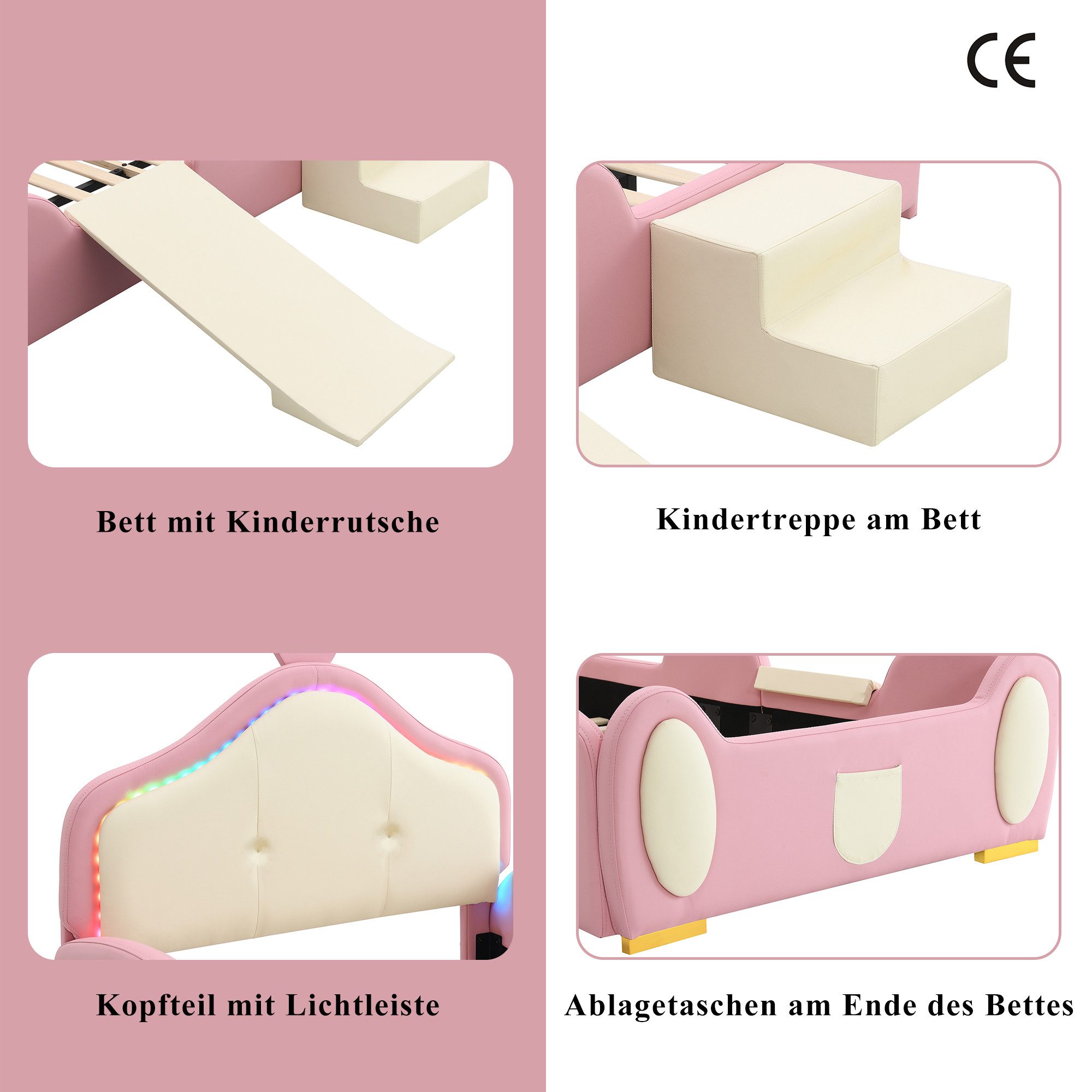 OKWISH Children's Interactive Upholstered Bed 90x200 cm with Slide & LED (Interactive single bed made of faux leather, with wooden slats, made of faux leather, with soft protective edges & interchangeable stairs), with wooden slats, without mattress – for playful adventures in the dark