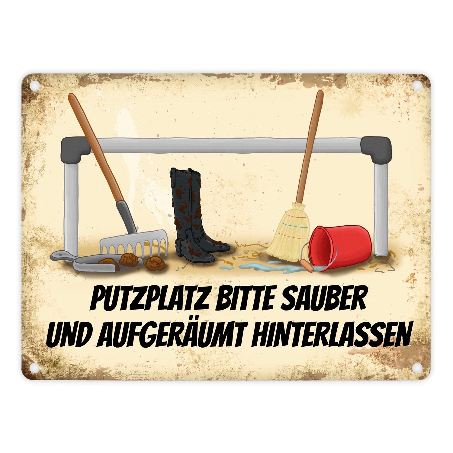 Metallschild Reiter Metallschild mit Putzstelle Motiv und Spruch: Bitte Putzplatz