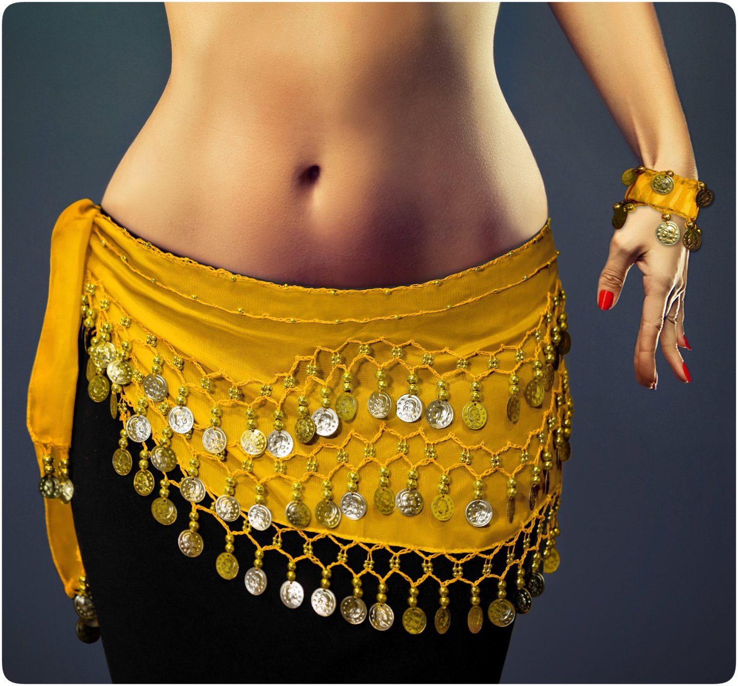 Kostüm Belly Dance Bauchtanz Kostüm in gelb Hüfttuch inkl EIN Paar Handketten