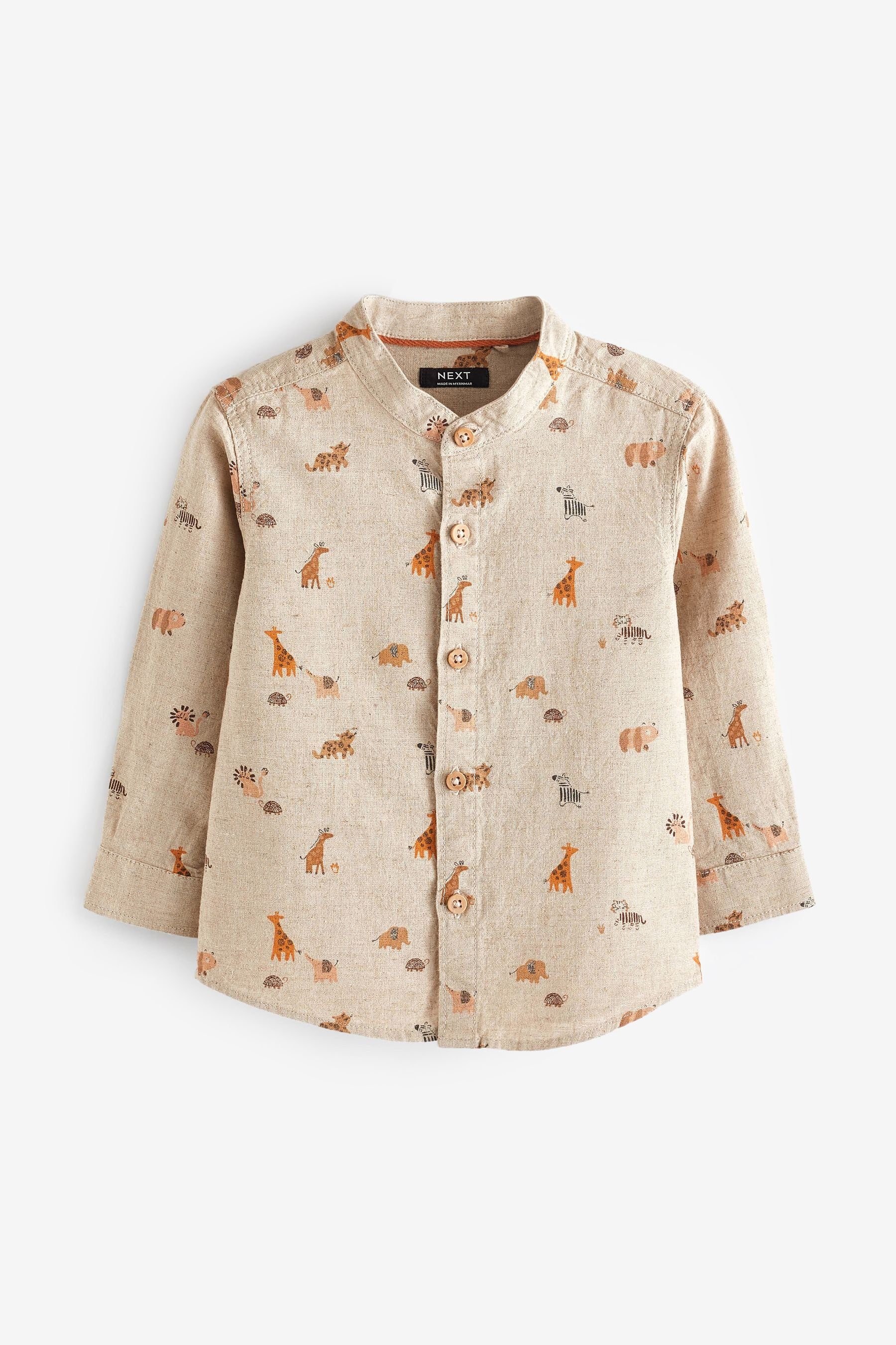 Next Langarmhemd Langärmeliges Stehkragenhemd Safarimuster (1-tlg) | Hemden