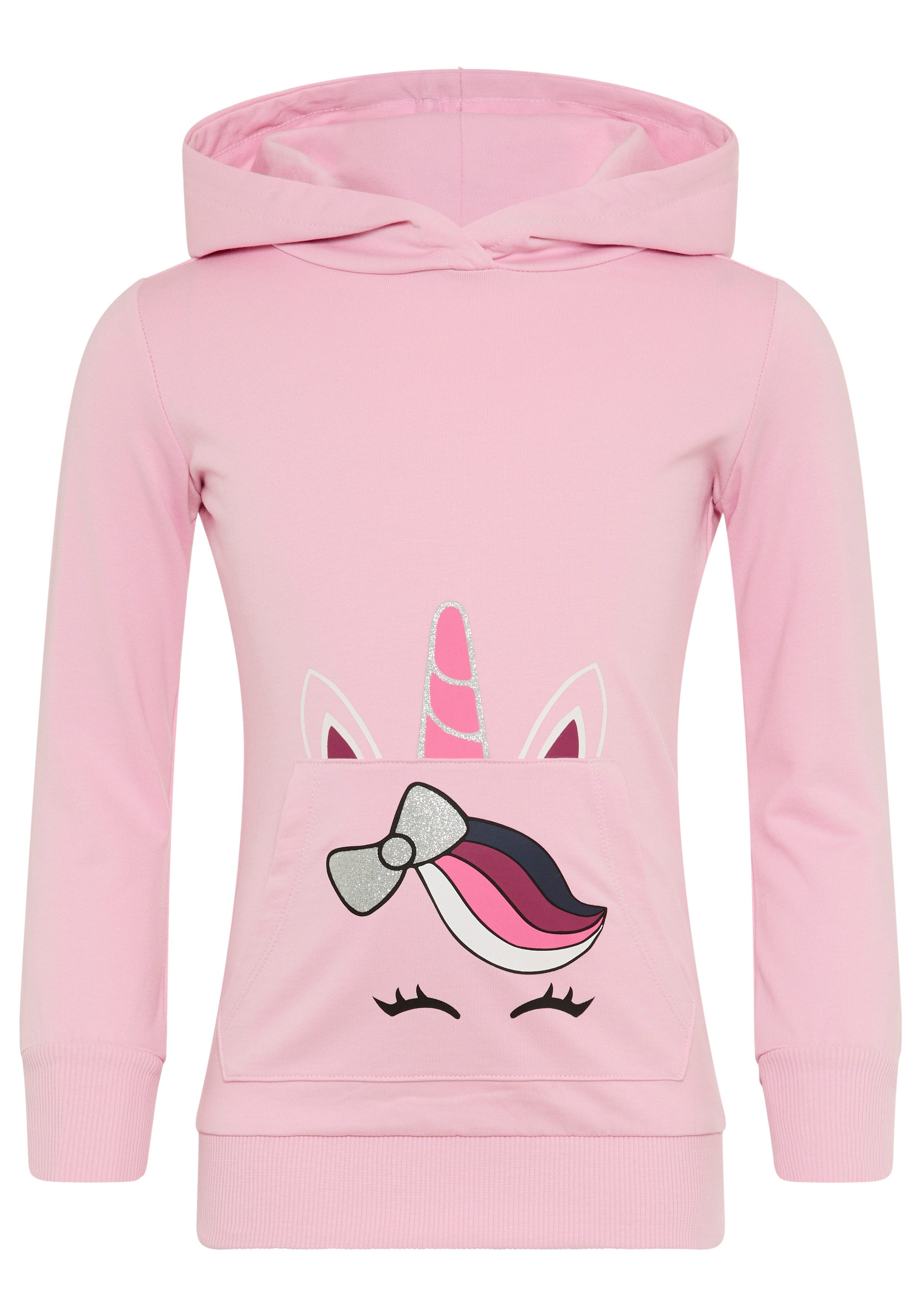 KIDSWORLD Kapuzensweatshirt, Longsweatshirt mit niedlichem Einhorn Langarm, Basic-Passform, bedruckt, mit Kapuze, aus Baumwolle