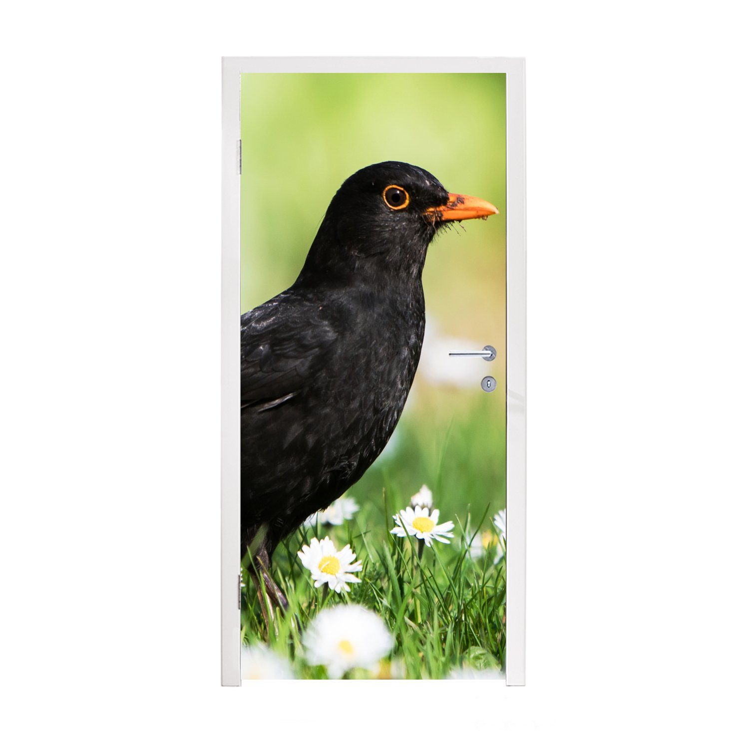 MuchoWow Türtapete Vogel - Amsel - Blumen, Matt, bedruckt, (1 St), Fototapete für Tür, Türaufkleber, 75x205 cm