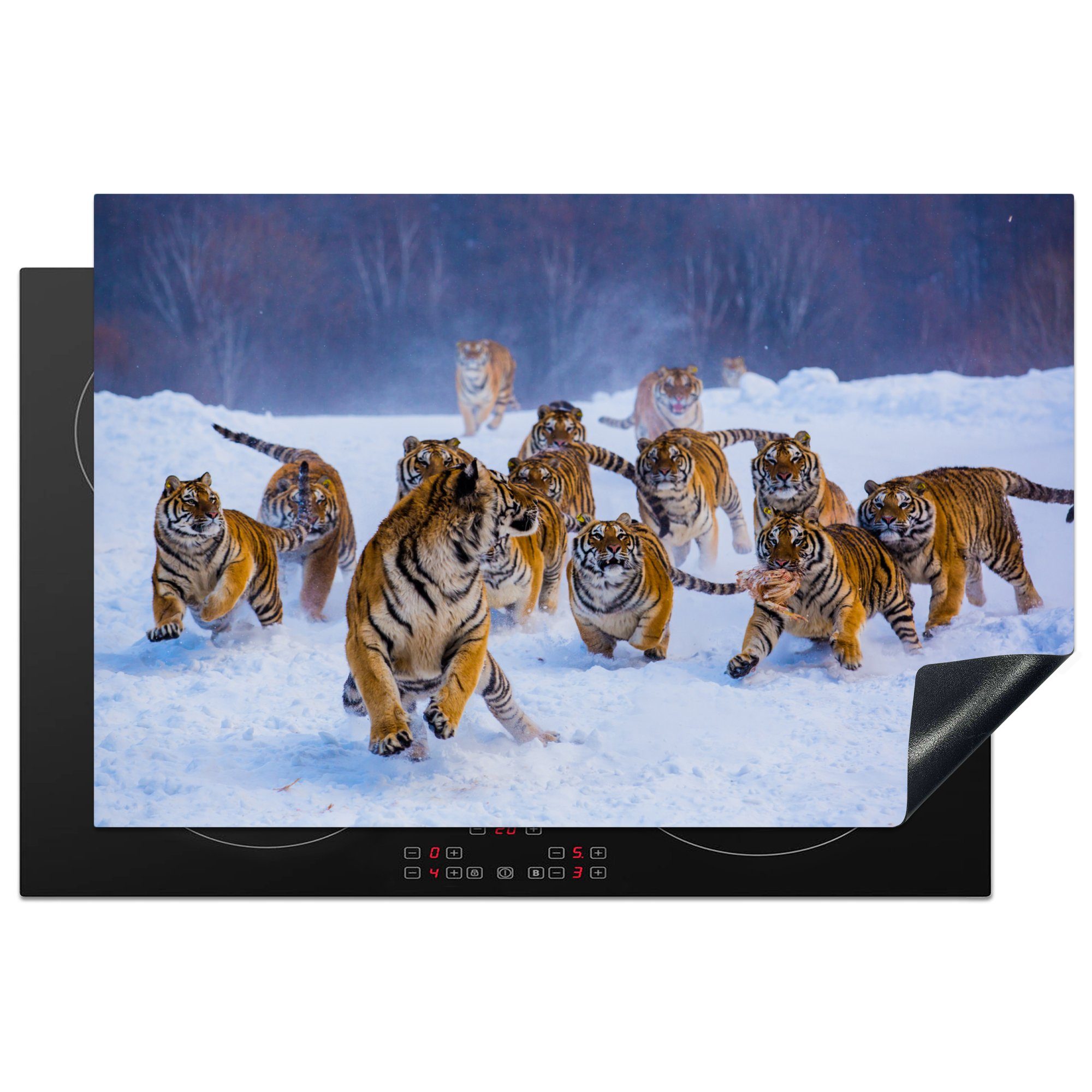 MuchoWow Herdblende-/Abdeckplatte Tiger - Schnee - Wilde Tiere - Winter, Vinyl, (1 tlg), 81x52 cm, Induktionskochfeld Schutz für die küche, Ceranfeldabdeckung
