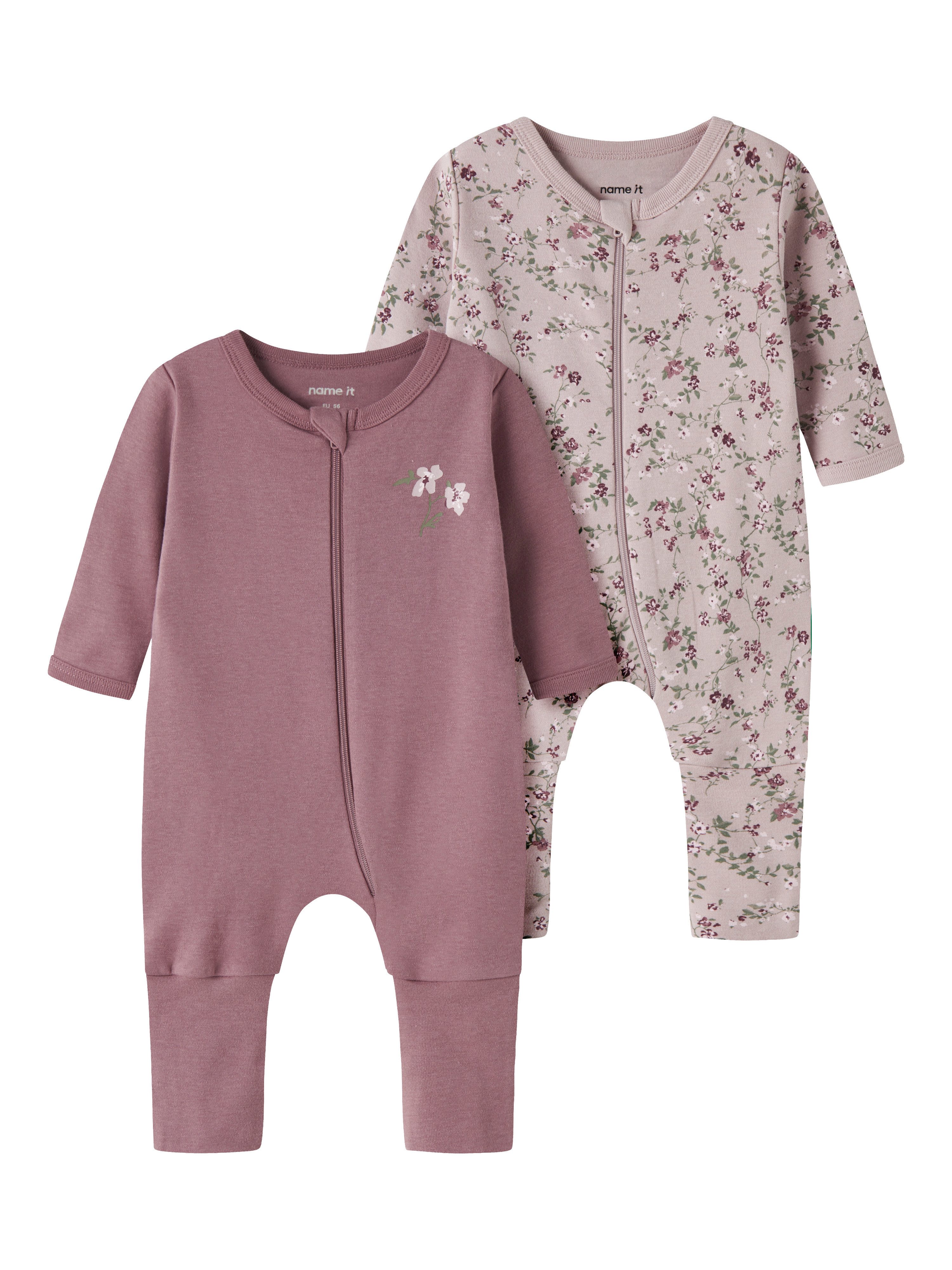 Name It Schlafanzug NBFNIGHTSUIT 2P ZIP FF VIOLETFLOWER NOOS (Packung, 2 tlg) aus Baumwolle, in Jersey-Qualität, lockere Passform, für Mädchen